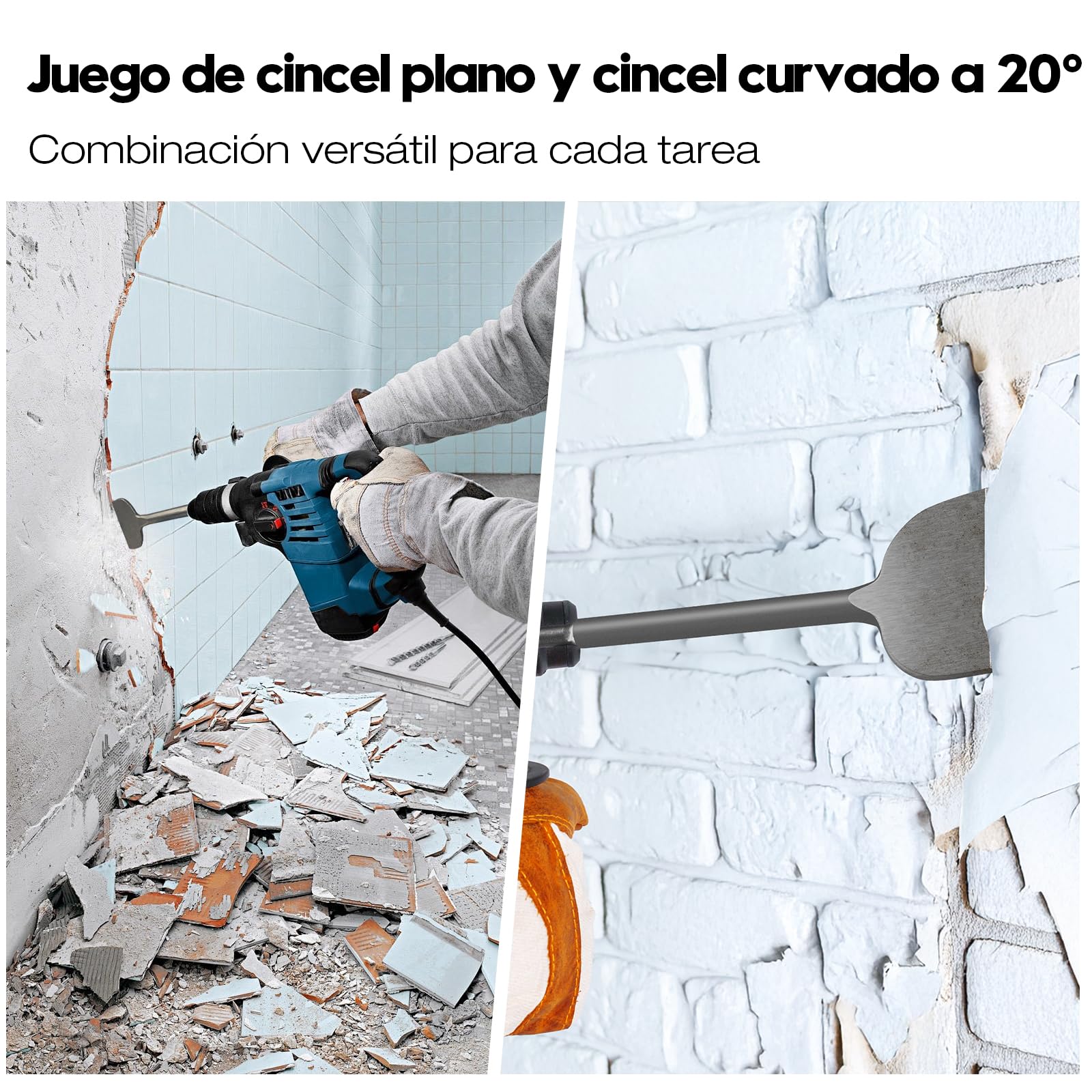 Juego de 2 Cincele SDS Plus, Cincel Plano y Angular de 20°, 250mm x 75mm, Acero Aleado 40Cr, Cinceles para Martillo Demoledor, Cincel SDS para Azulejos, Hormigón, Mampostería, Yeso