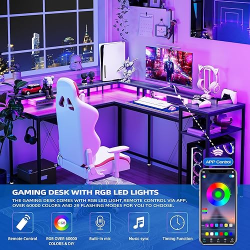 Miniatura 6 de GAOMON Escritorio L para juegos, escritorio de oficina en casa de 68 pulgadas con cajón de archivos y toma de corriente, escritorio de esquina para