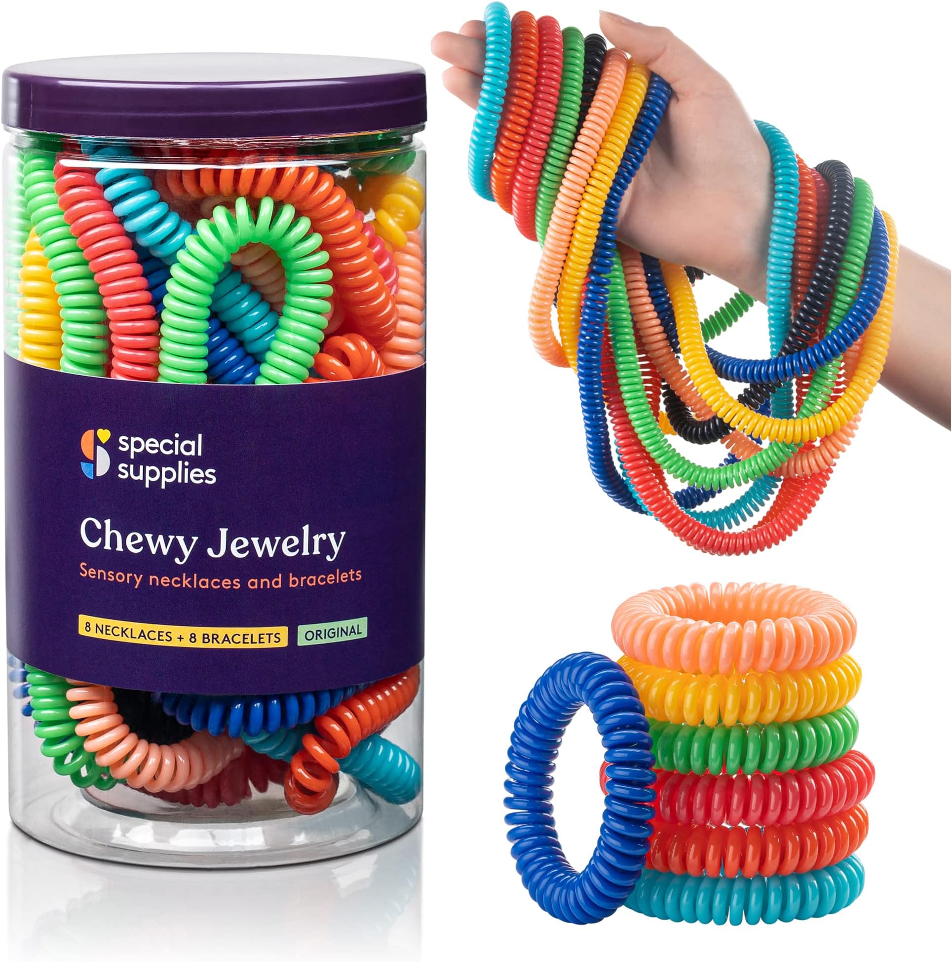 Special Supplies Chewy Jewelry Sensory Necklaces and Bracelets, 16 Pack, Soft and Flexible Silicone, Interactive Relief for Kids