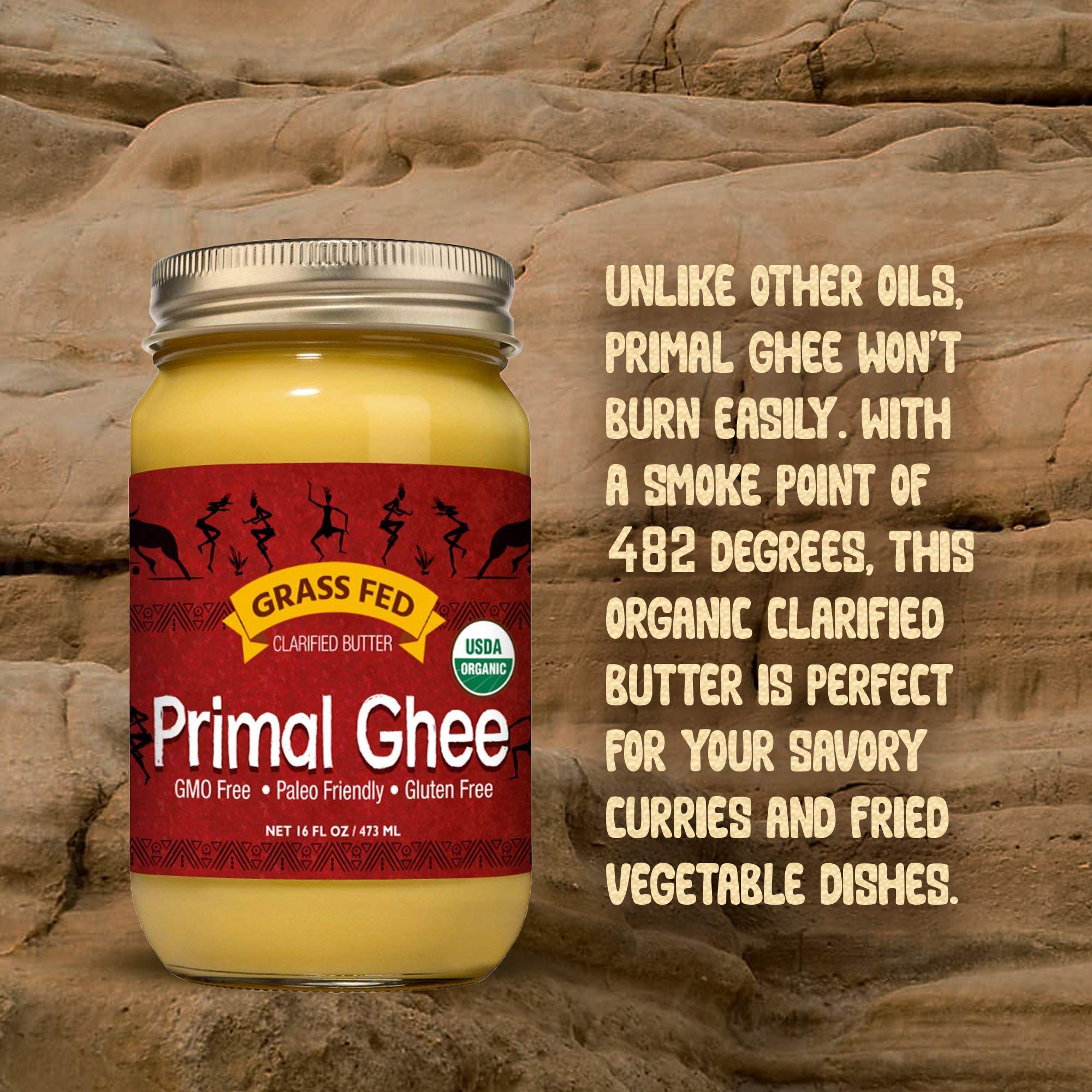 Primal Ghee Grass Fed Organic Unsalted Clarified Butter Pure GMO Free Desi Ghee from