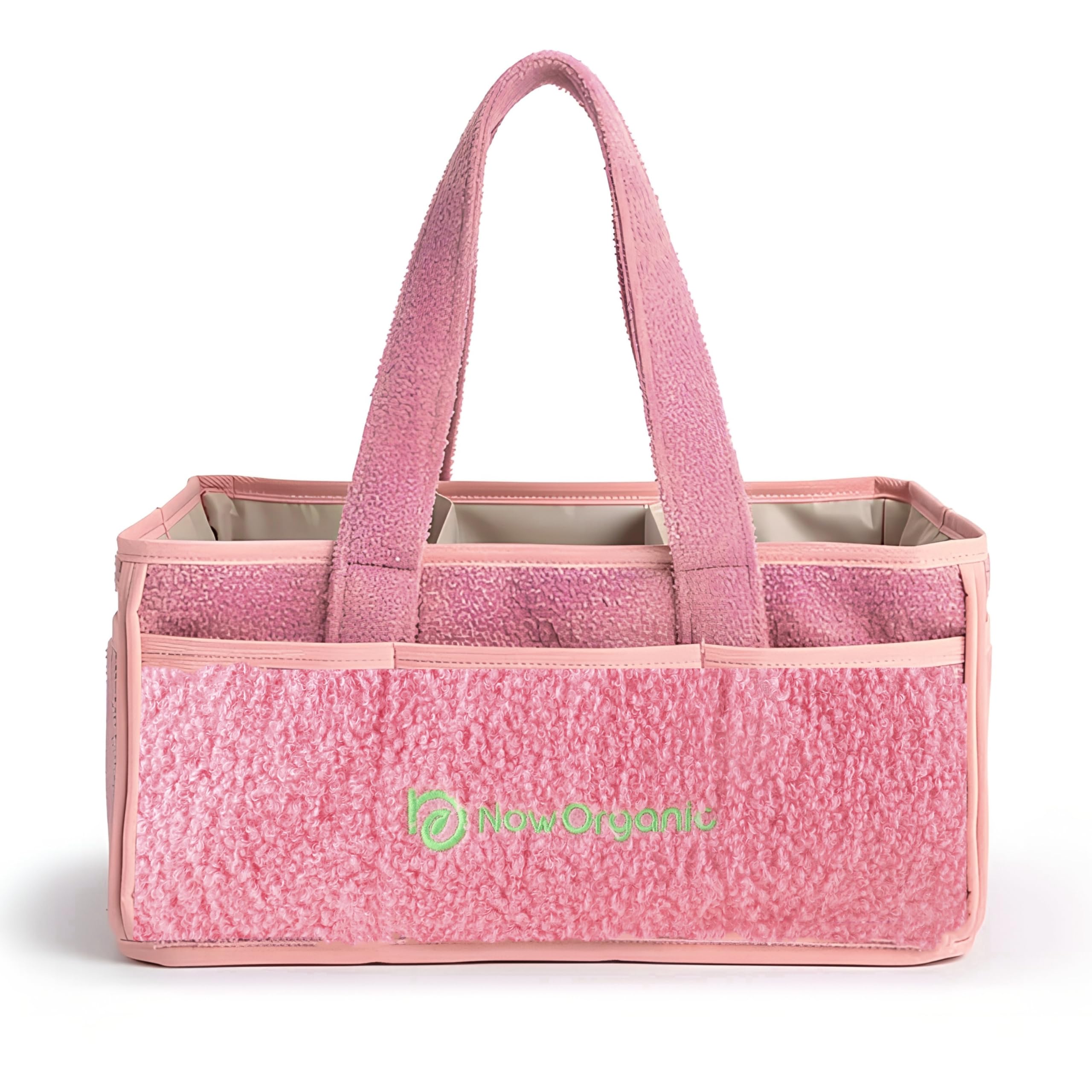 Now Organic Caddy Organizer – Large Nursery Storage Basket for Diapers, Wipes, Toys & Baby Essentials | Portable Caddy with Handles & Removable Dividers | Baby Shower Gift for New Parents (Pink)