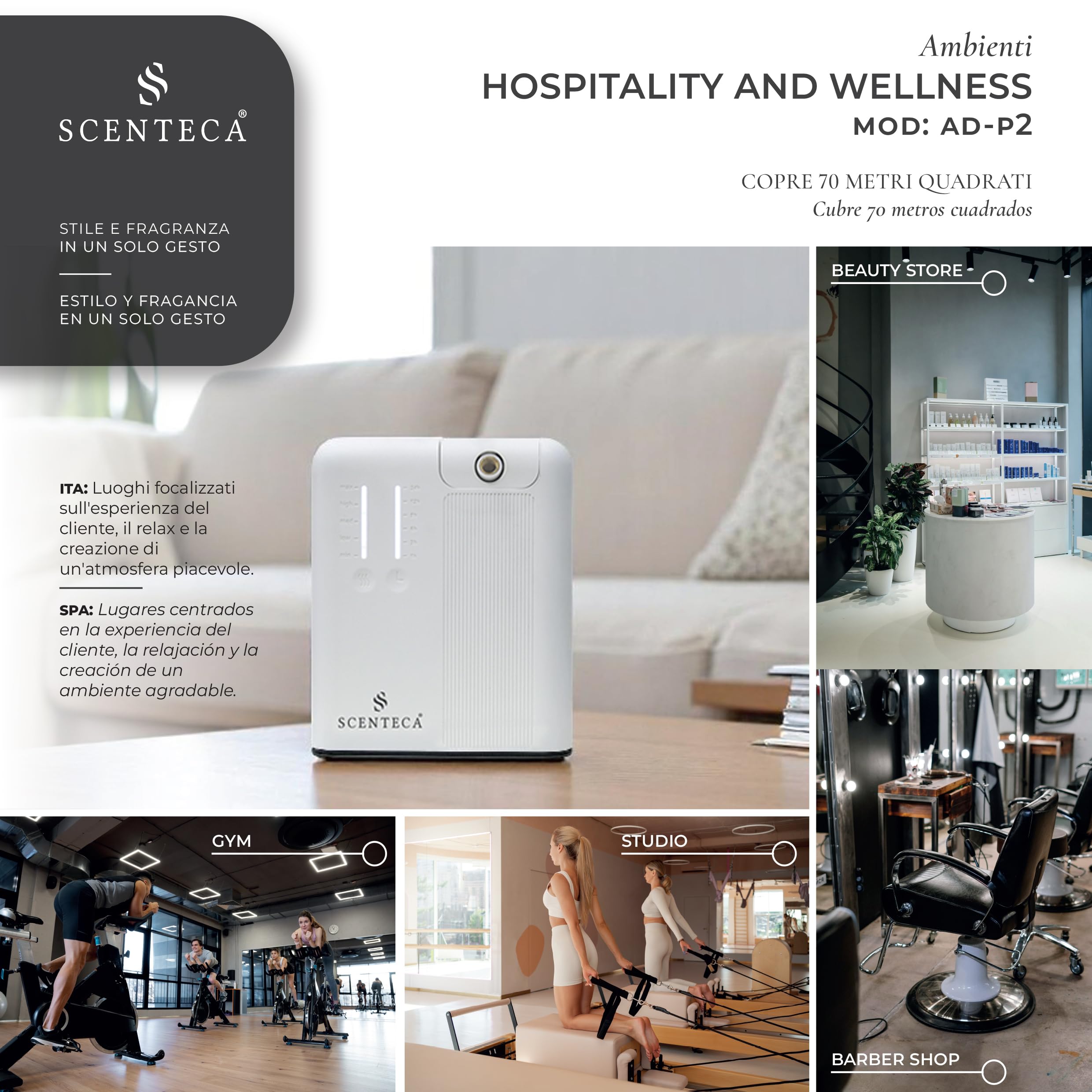 SCENTECA Difusor eléctrico de aceites Esenciales AD-P2 con Fragancia Summer Scent incluida, nebulización sin Agua, programable vía App, Cobertura de hasta 70 m² (100 ml)
