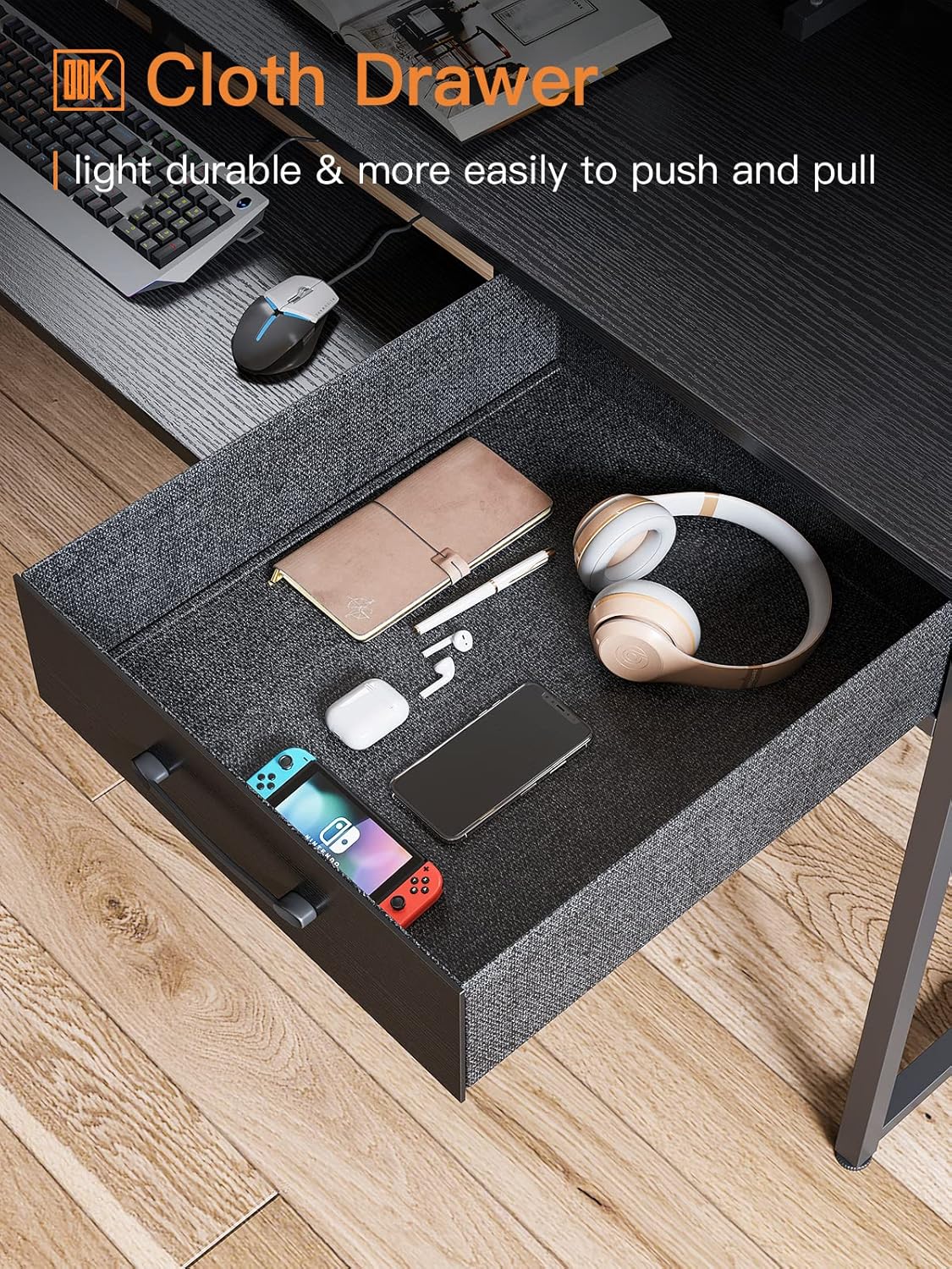 View inside one of the ODK Computer Desk's fabric drawers, showing storage capacity