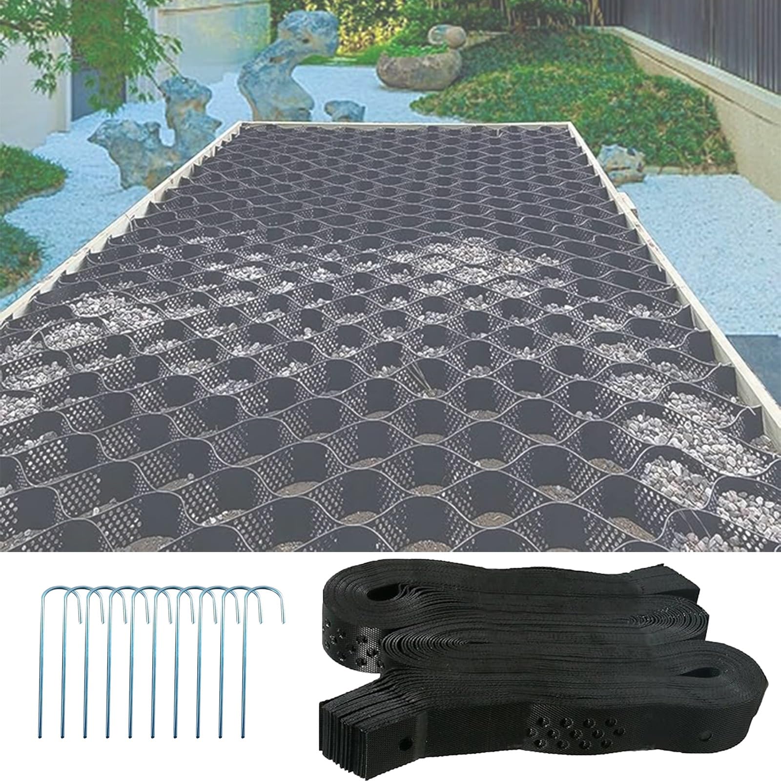 Griglia di stabilizzazione per vialetto e capannone, spessa 2,4 x 6,7 m, griglie nere resistenti per veicoli leggeri, soluzioni di parcheggio su erba e ghiaia, altezza 10 cm