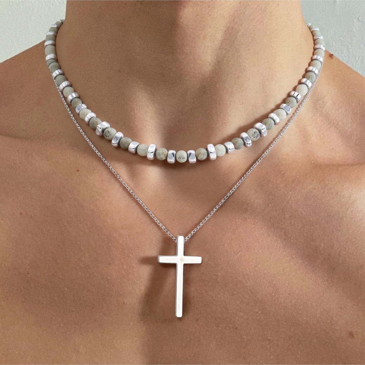 2PS Cross Necklace for Men - Black Obsidian Necklace - 6mm Healing Crystals Beaded Choker Necklace Stainless Steel Cross Pendant Jewelry Gifts for Men - Image 2