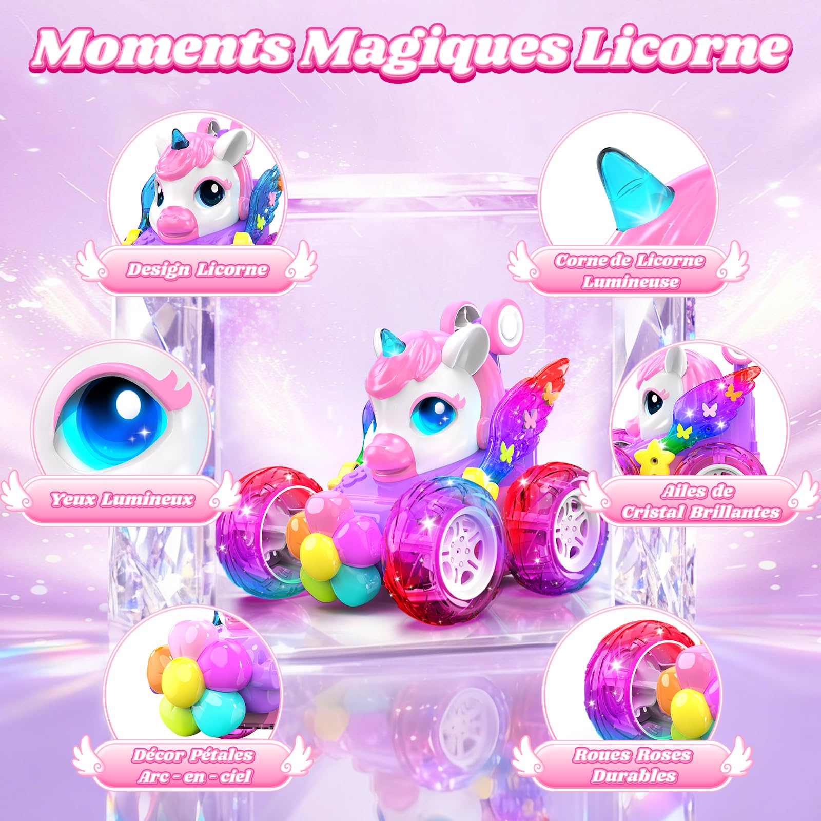 Kidluna Voiture Telecommandé Enfant RC Stunt Car avec Lumière LED & 360° Rotation, Licorne Jouet Fille 3-12 Ans Voiture Télécommandée Cadeau Fille 3 4 5 6 7 8 9 10 11 12 Ans Jeux Exterieur Enfant