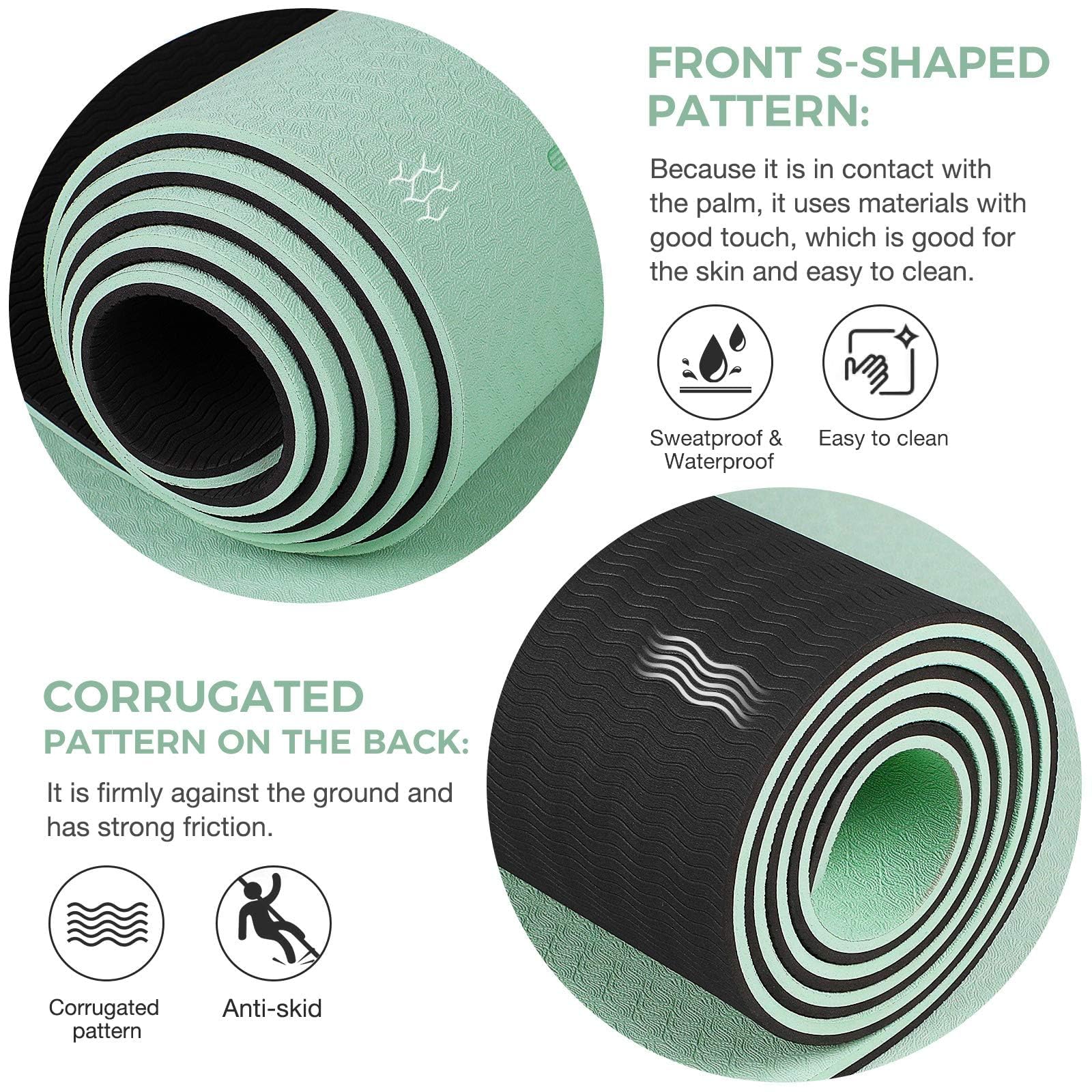 Tapete de yoga antideslizante de TPE grueso con marca de alineación, tapete antidesgarros y fitness para yoga, pilates y entrenamientos en el suelo (verde)