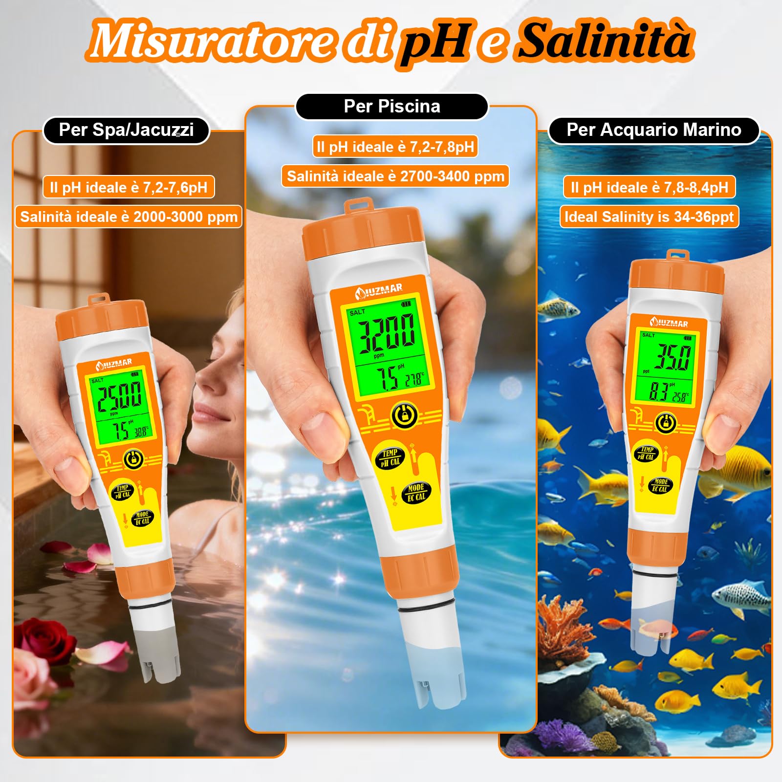 UIUZMAR Misuratore Salinità e pH Acqua, Misuratore pH Sale per Piscina, Misuratore Salinita pH EC TDS Temp 5 in 1 per Acquario Marino, Piscina Salata, Acqua Potabile, Idroponica