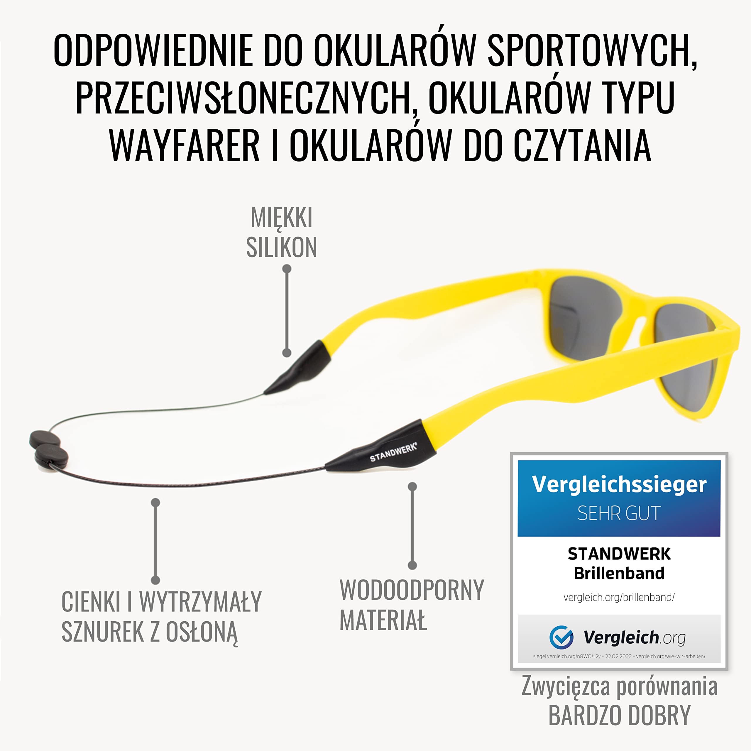 STANDWERK® Paski do okularów – wyjątkowo niezawodny pasek do okularów sportowych dla kobiet, dzieci, mężczyzn – uchwyt na okulary do uprawiania sportu i rekreacji – wodoodporny, elastyczny