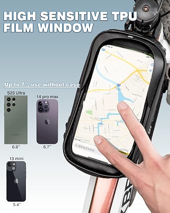 ROCKBROS Bike/Bicycle Phone Front Frame Bag, Waterproof, Tube Cycling Pouch | E-Bike Accessories for Men Women Compatible Phone Under 7 Straps Fit All Frames