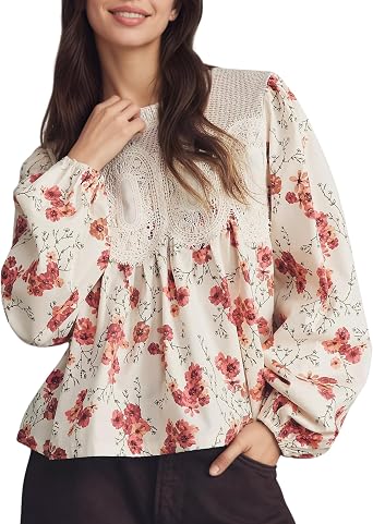 PUWEI Womens Lace Babydoll Tops Long Sleeve Embroidered Sheer Mesh Blouse