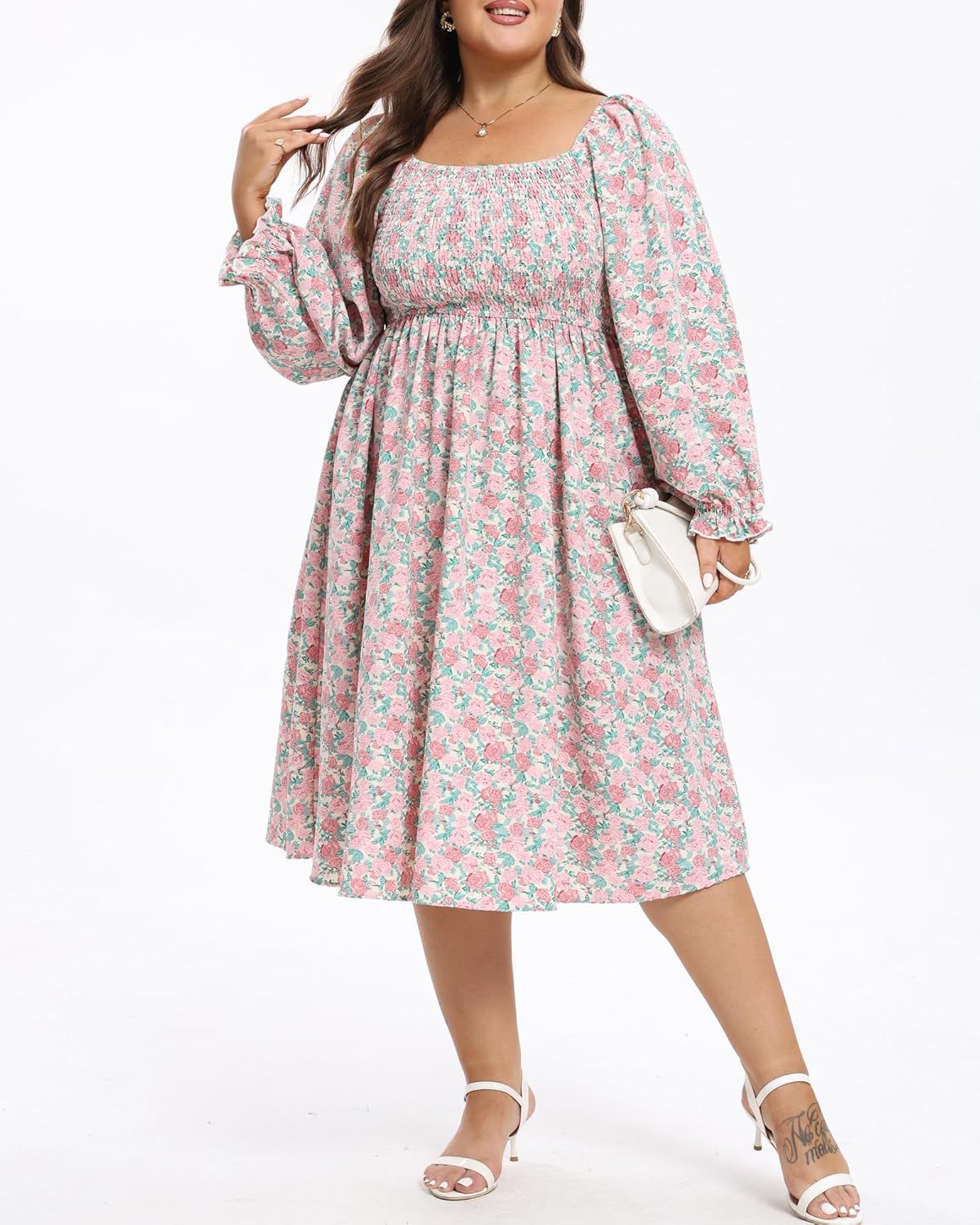 Plus Size Dresses for Curvy Women Fall Long Sleeve Boho Square Neck Flowy Cocktail Party Maxi Dress - Image 6