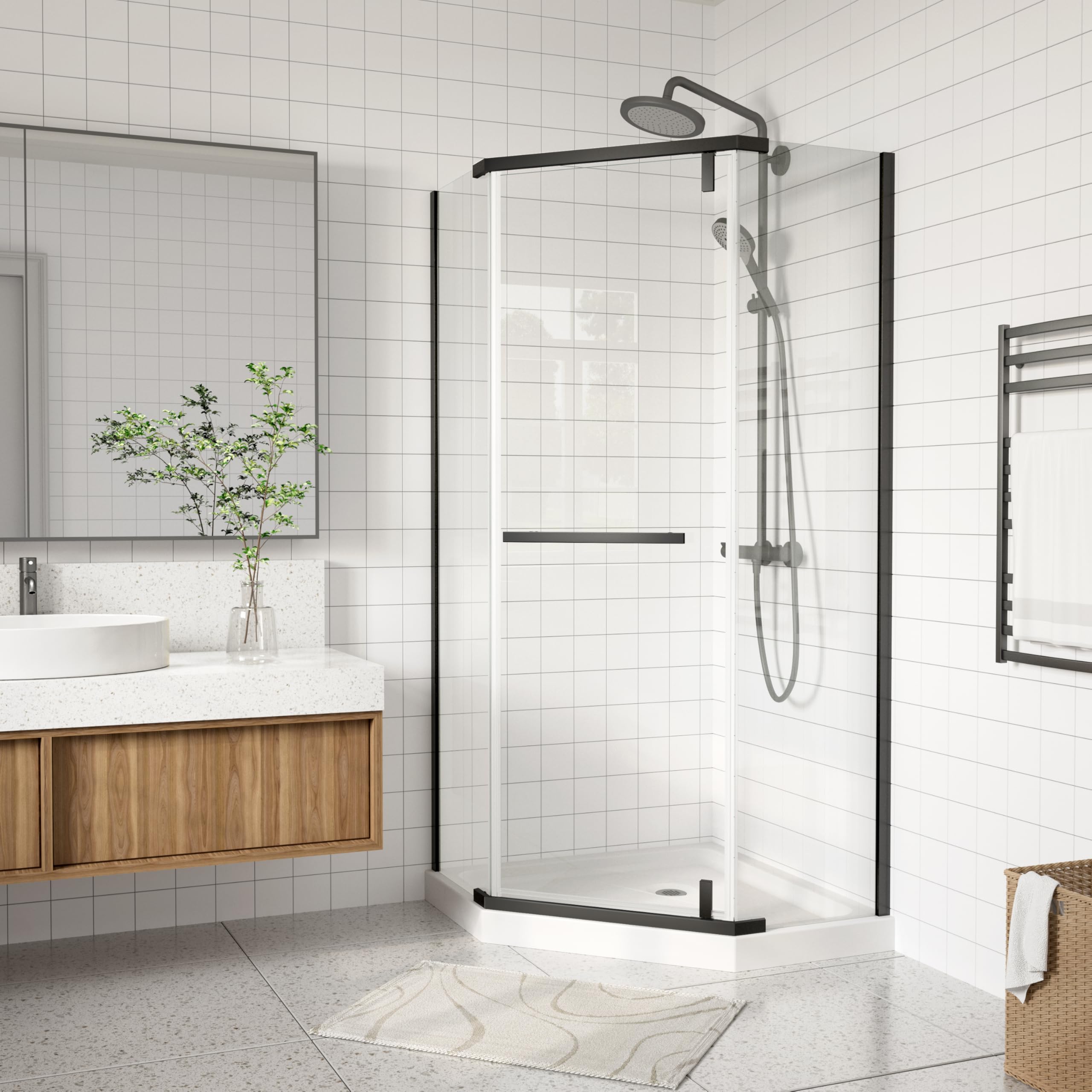 Corner Shower Enclosure,Royal Guard 1/4 in. Clear Glass Pivot Shower Doors,35.56" D x 35.56" W x 72" H Frameless Neo-Angle Shower Enclosure,Matte Black