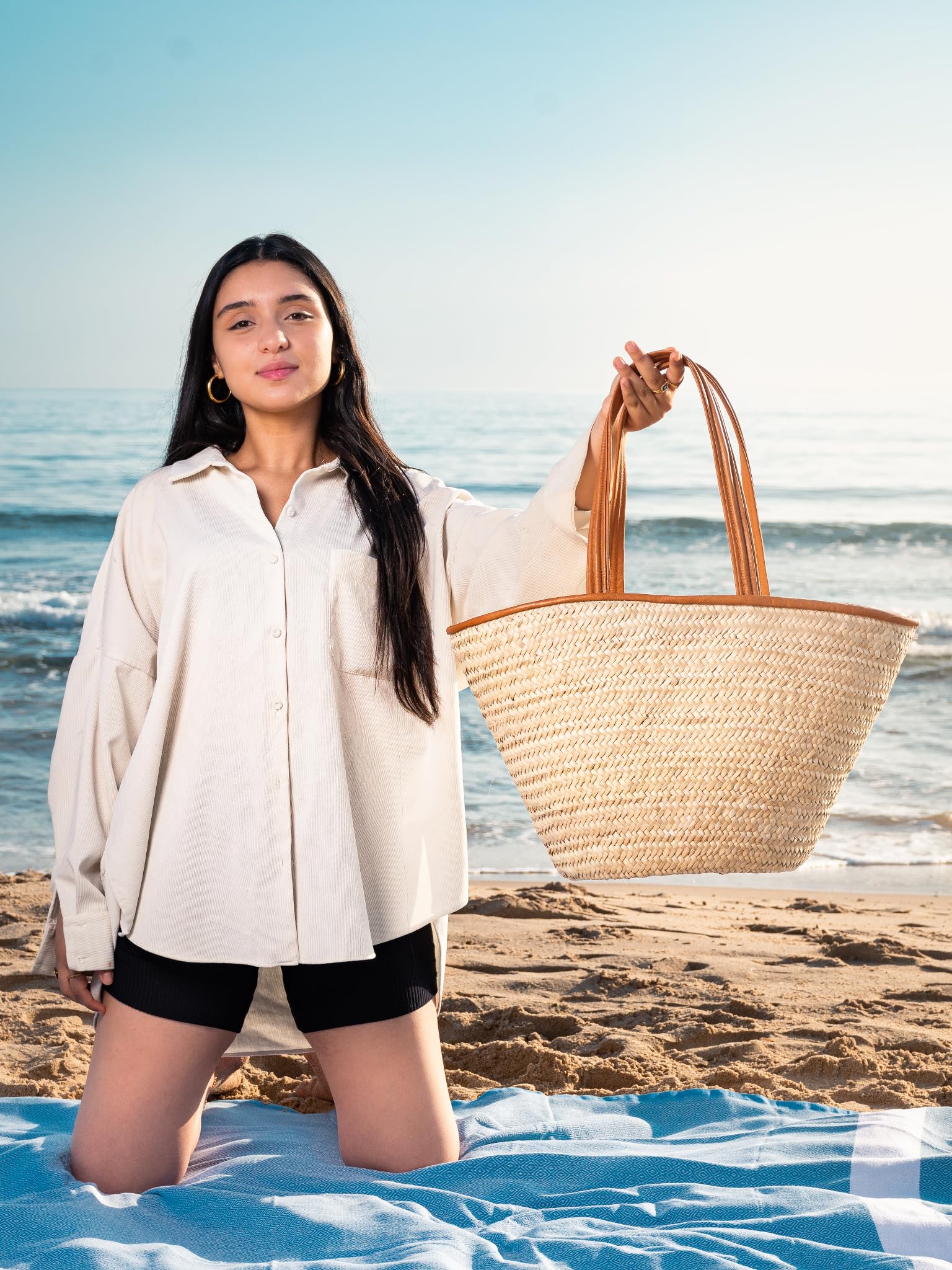 Sac de courses - En Osier Naturel - Avec Doublure et Poche - Finitions et Poignée en Cuir - Pratique, grande capacité et Multi-usage