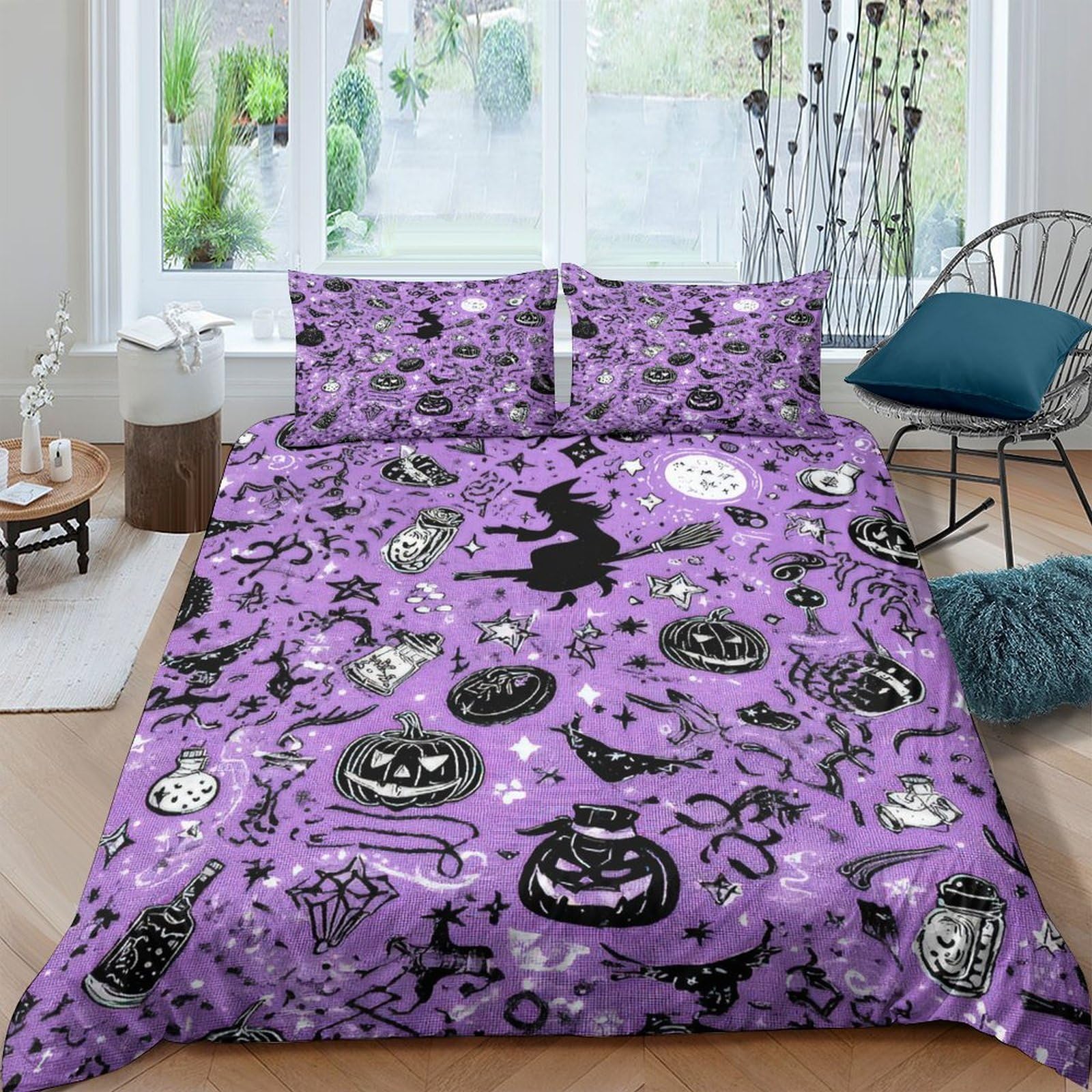 GPLZQXKJNH 3D Printed Halloween Pumpkin Duvet Cover Microfiber Soft Gothic Bat Bedding Set Purple with 2 Pillowcases for Bedroom Decor Single（135x200cm）