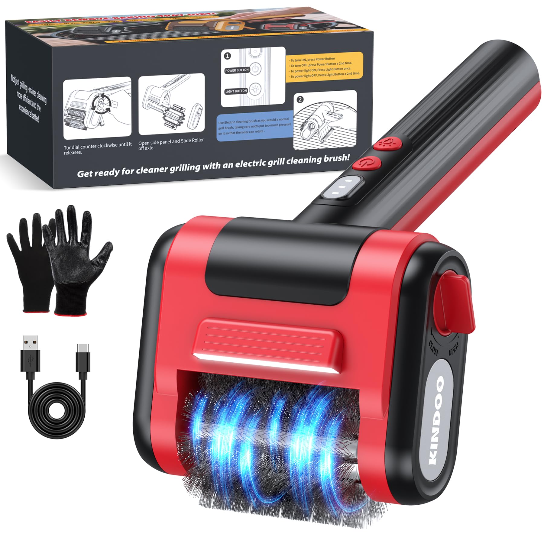 Electric Rechargeable Grill Brush,Grill Cleaner for Outdoor Grill with 800 RPM Motor - Bristle Stainless Steel Grill Cleaner with LED Light for BBQ, Heavy Duty Grill Cleaning Tool (BlackRed)