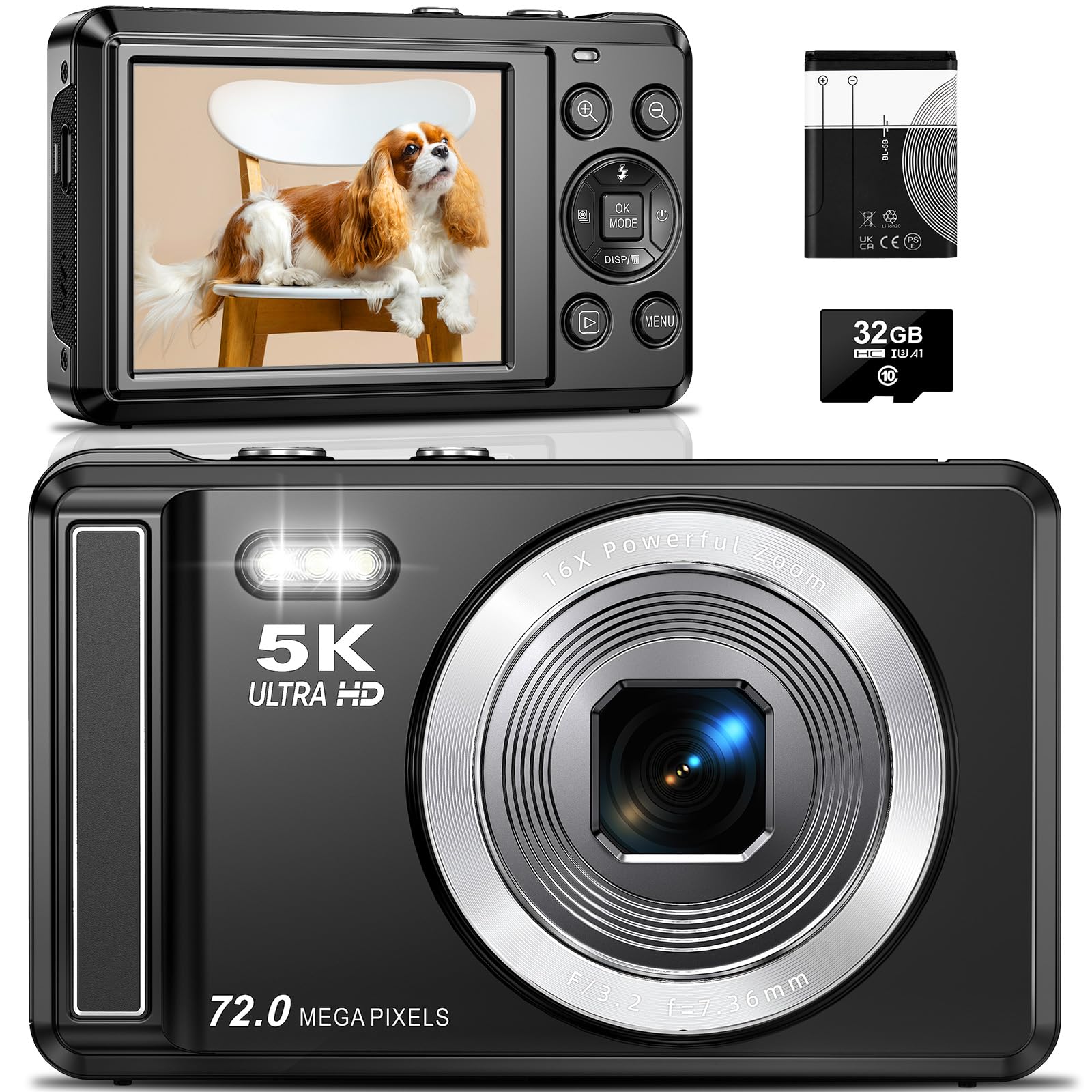Digital Camera, 5K Digital Cameras for Photography, 72MP Vlogging Camera with 2.8" Screen, 16X Zoom UHD Autofocus Video Camara with 32GB SD Card,