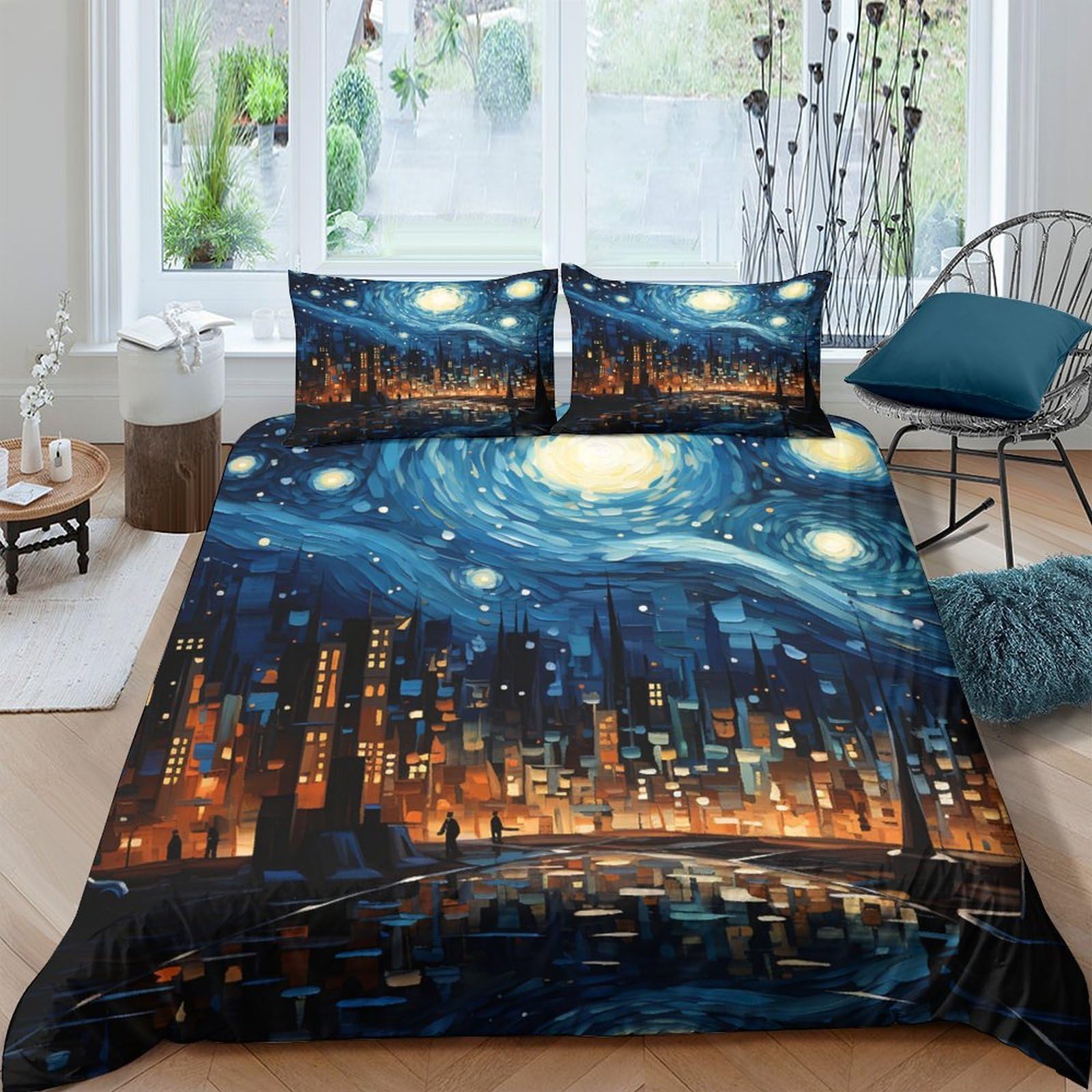 Ctjqhvkz Style-8 3D Printed Starry Night City Fitted Sheet Microfiber Artistic Mattress Cover For Bedroom Dorm Home Decor Easy Care Single（135X200cm）