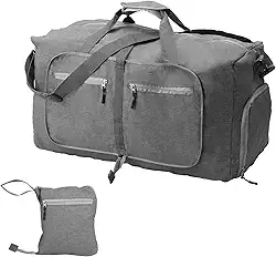 Bolsa de viagem para viagem, bolsa de viagem de 65 L com compartimento para sapatos, impermeável, leve, dobrável, para viagem de avião, academia, Cinza
