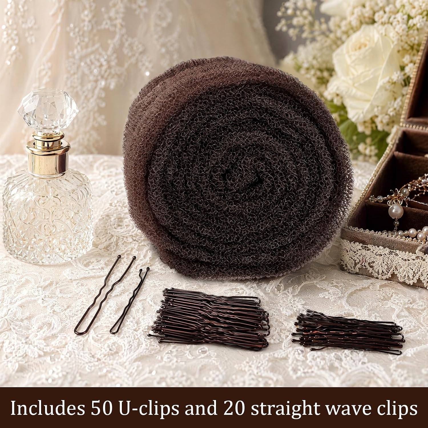 Bun Maker, Sponge for Hair Updo, Hair Donut & Hair Bun Maker with 50 U Pins and 20 Bobby Pins, Dark Brown Cuttable Hair Filler for Wedding Bun Volume