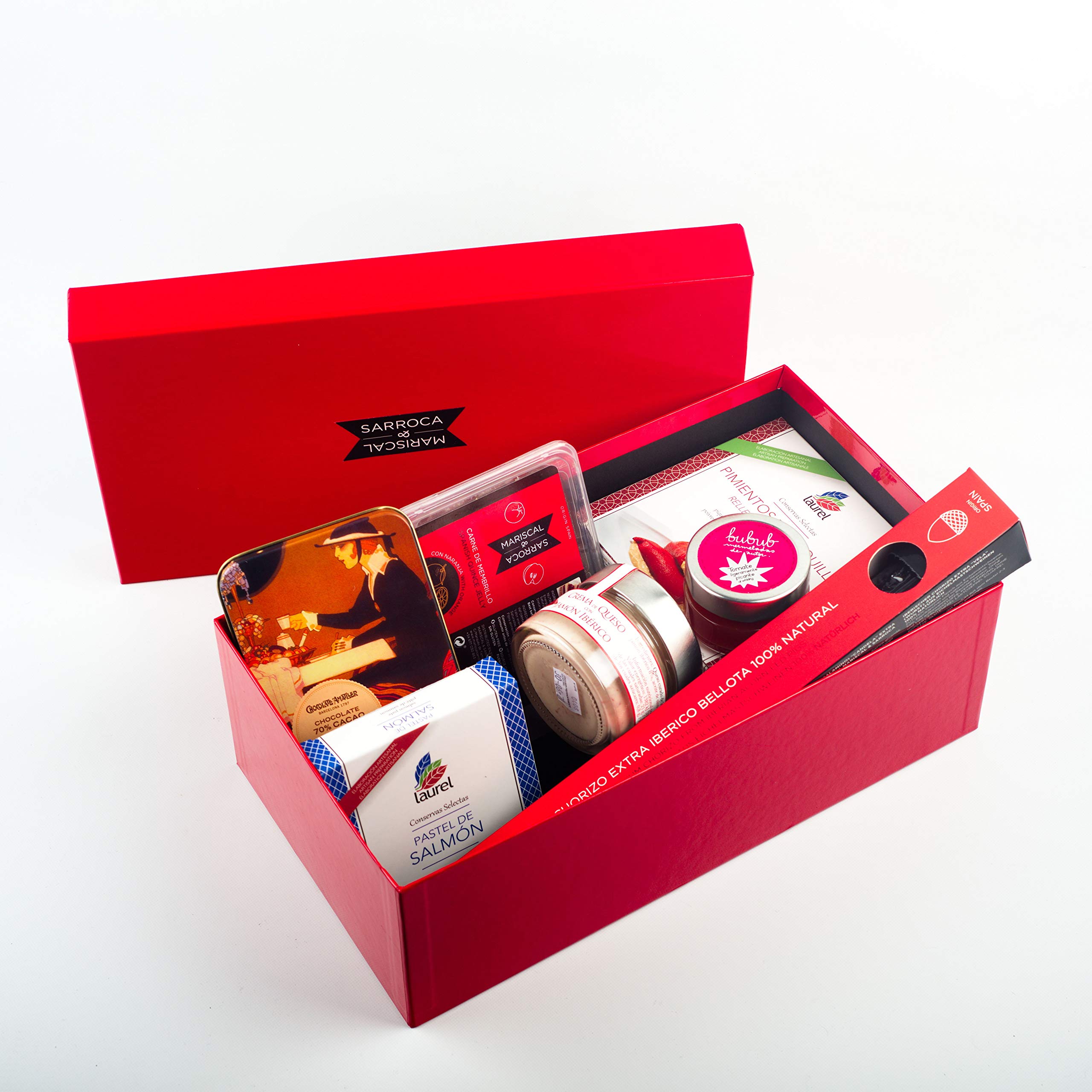 Lote Regalo Gourmet Regalo ideal para ocasiones especiales Ibéricos Queso Pimientos rellenos Mermelada Chocolates Pastel de Salmón Lote 70 Mariscal & Sarroca