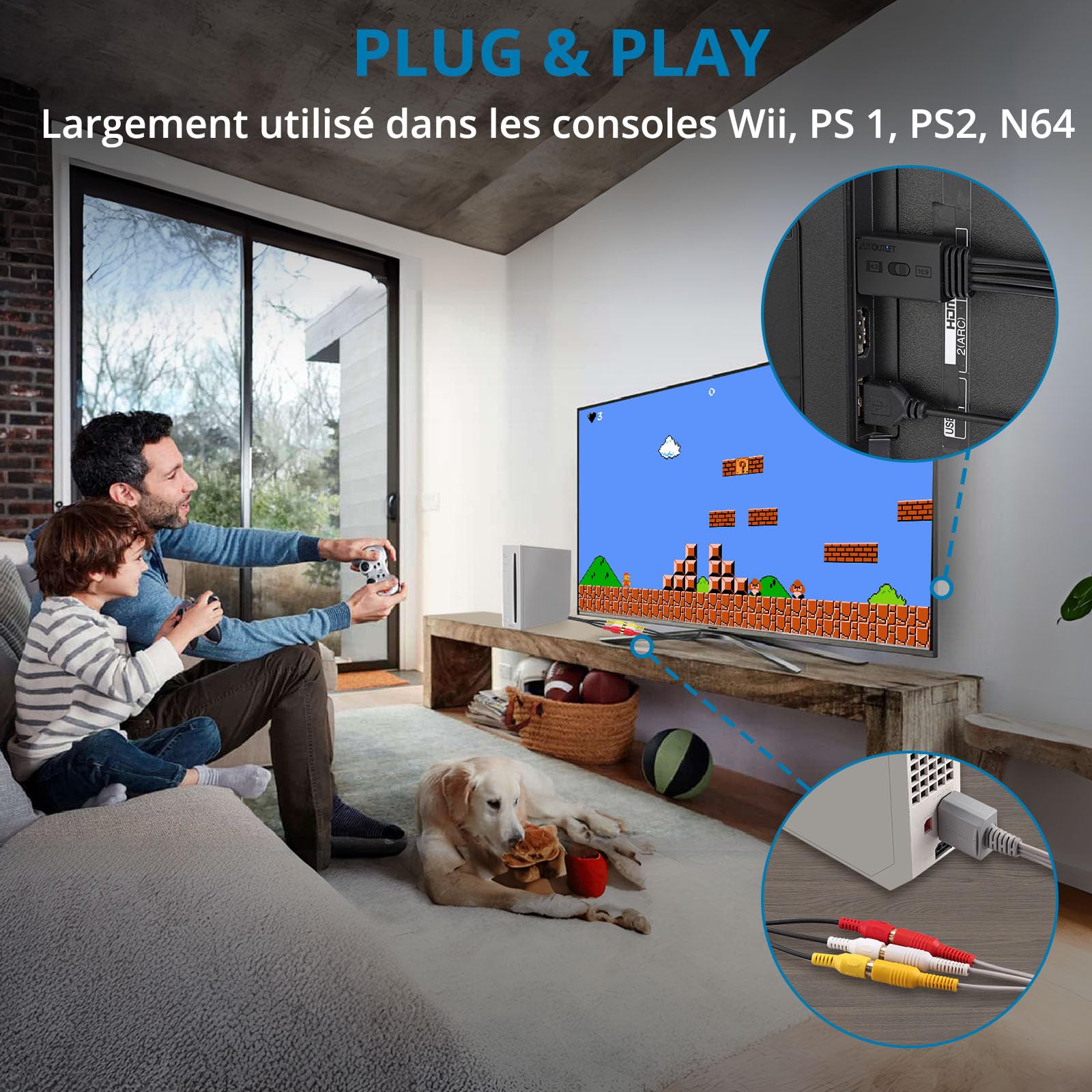AUTOUTLE Convertisseur RCA vers HDMI 1080P - Adaptateur AV 16:9/4:3, PAL/NTSC avec Câble RCA Femelle 60cm pour Wii, PS1/PS2, Xbox, DVD/VHS/VCR