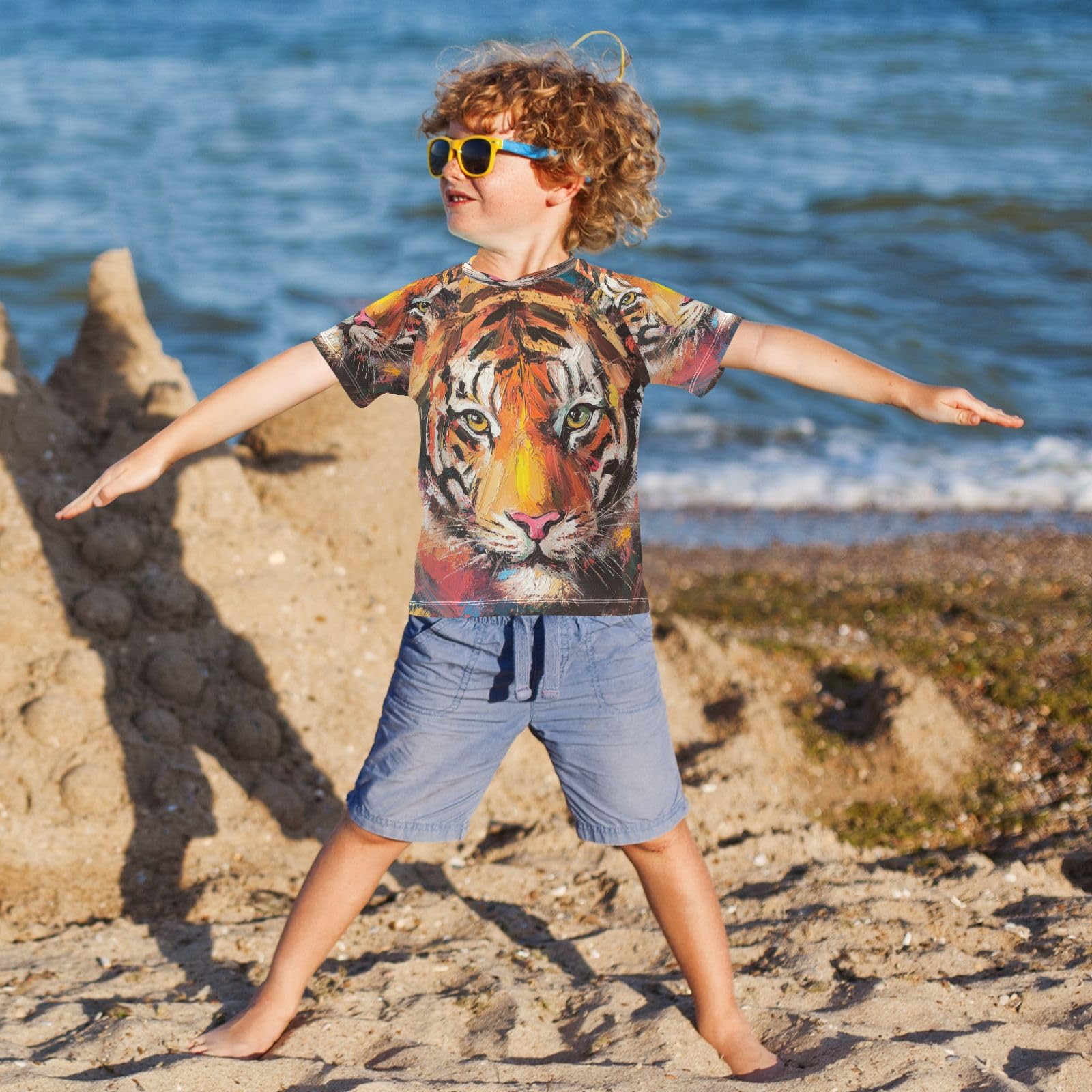 MNSRUU Toddler Boy Rash Guard Short Sleeve Swim Shirt Tiger Print Rashguard 3T Beach Shirts Quick Dry,019
