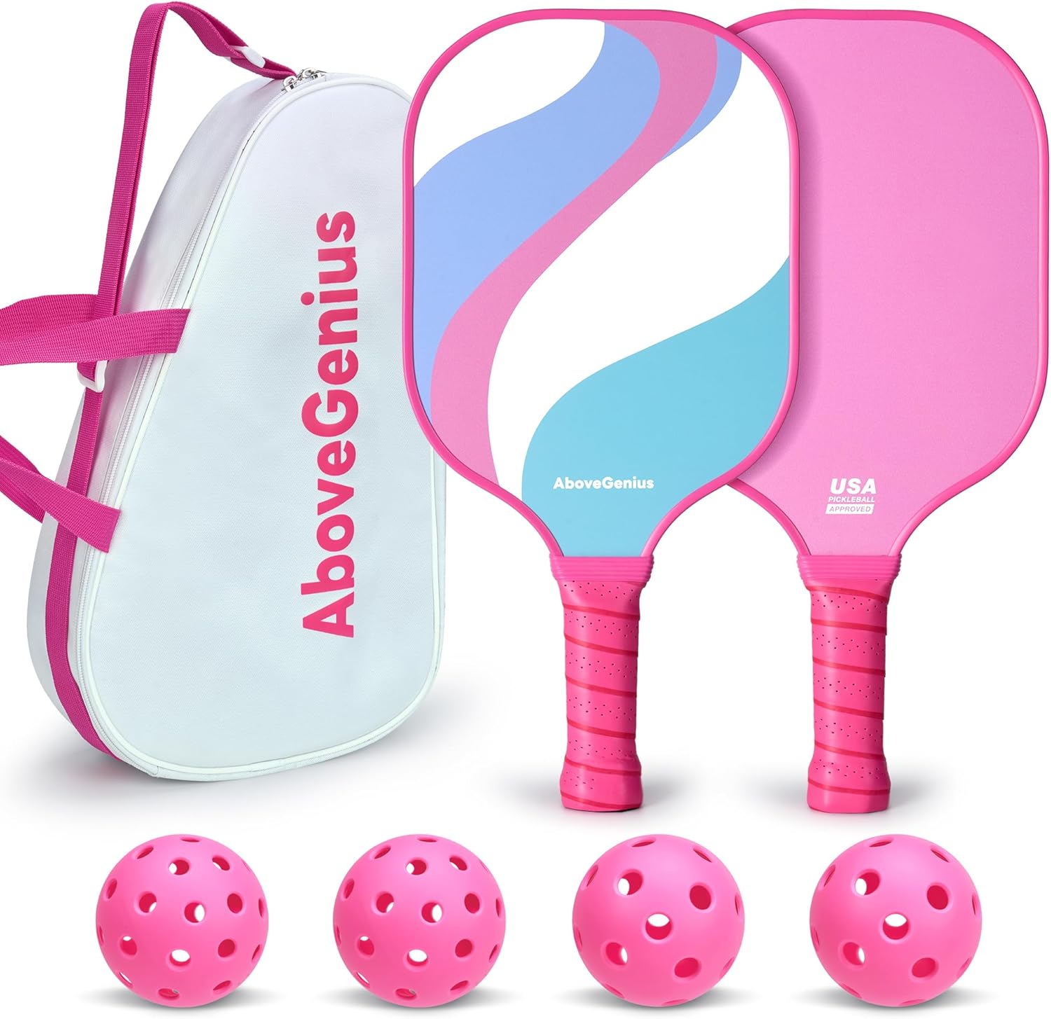 Pink Pickleball Paddles Set of 2,USAPA Standard Fiberglass Pickle ball Set with 2 Cute Lightweight Pickleball Rackets,2 Indoor&2 Outdoor Balls,1 Carrying Bag,Sport Gift for Women, Beginner