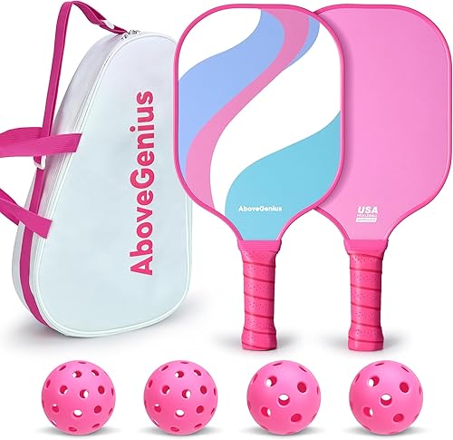 USAPA - Juego de 2 palas de pickleball rosadas, juego estándar de bolas de fibra de vidrio con 2 bonitas raquetas de pickleball ligeras, 2 bolas