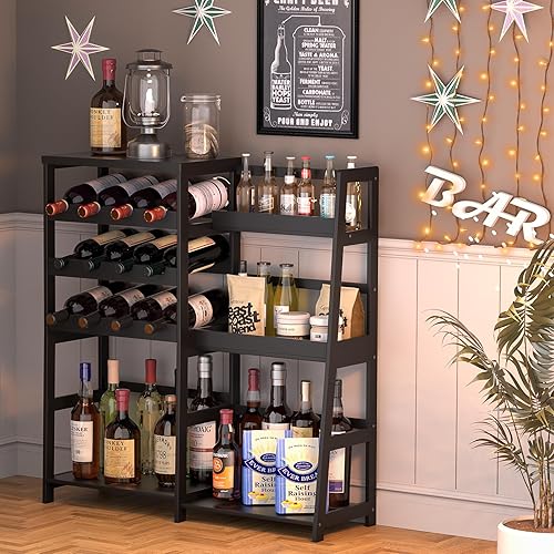 Miniatura 3 de VASMIA Soporte versátil para licor para bar en el hogar, estante para vino, mesa de bar con botella de licor trapezoidal de bambú, gabinete para
