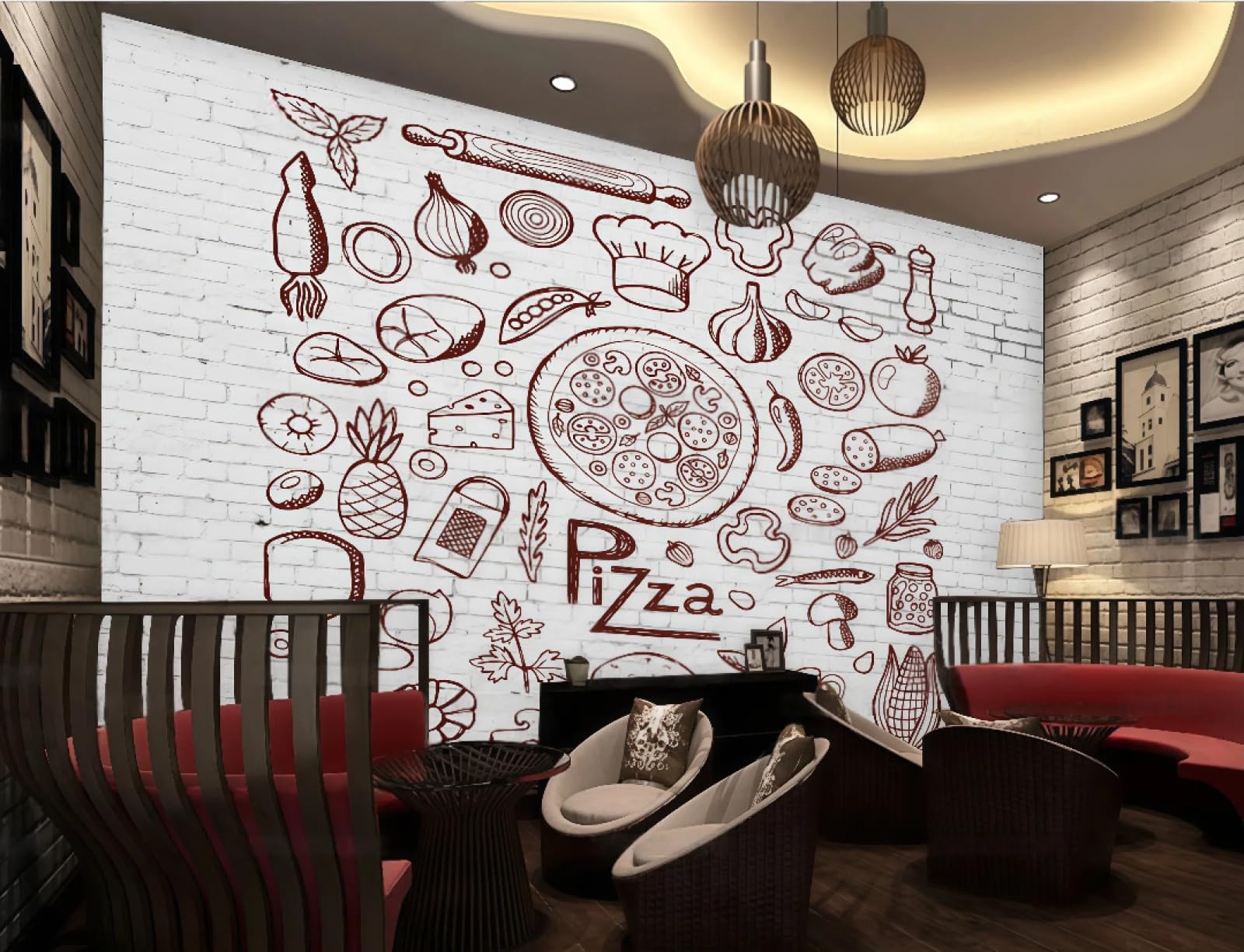 rskjdghshd Wallpaper Retro Brick Wall Hand-Painted Pizza Shop Bread Dessert Afternoon Tea Background Wall Western Restaurant Wallpaper Cafe Mural,3D,150x105cm