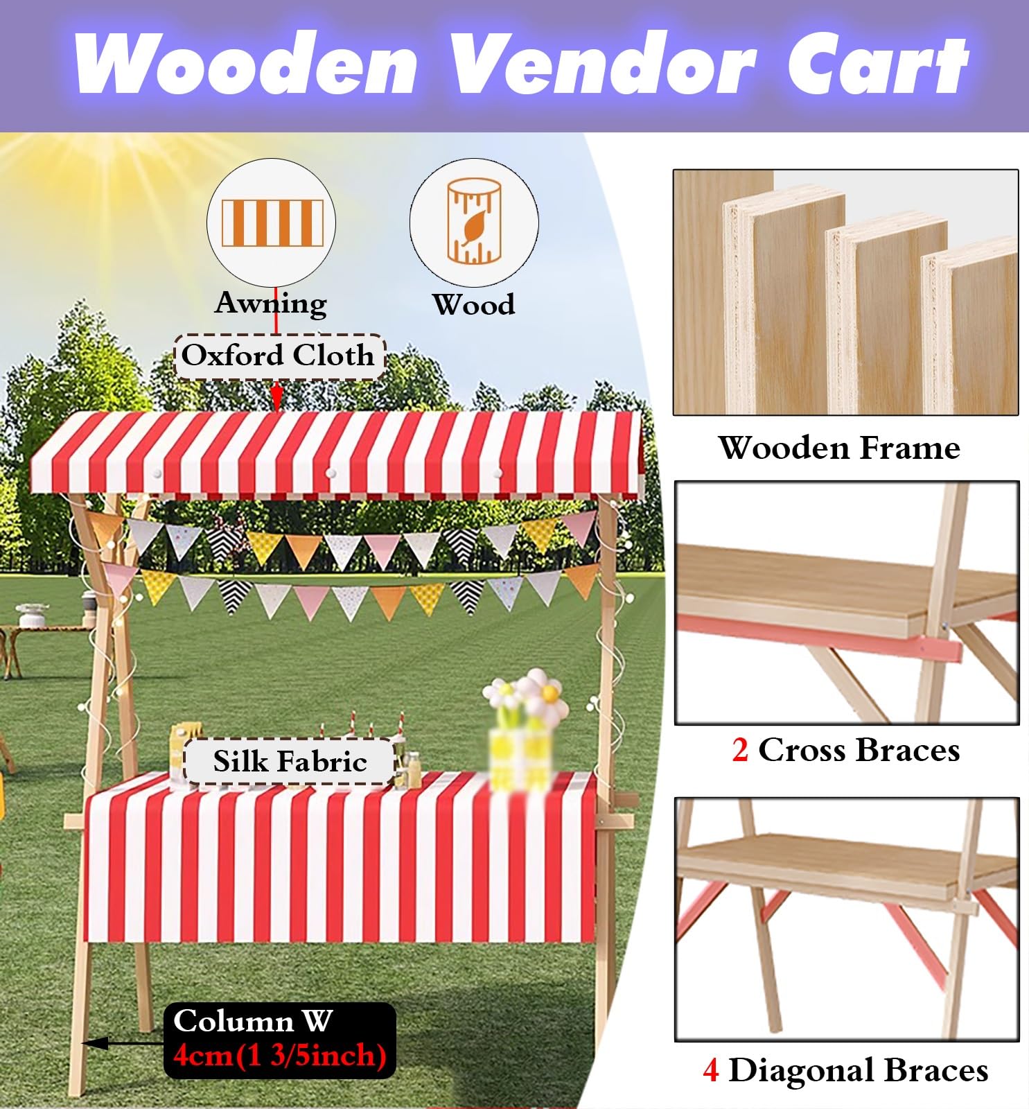 Mobilny wózek dostawczy z daszkiem, składany drewniany stragan na imprezy, 120cm Display Stand, 660lbs Pojemność, gładkie koła na festiwale