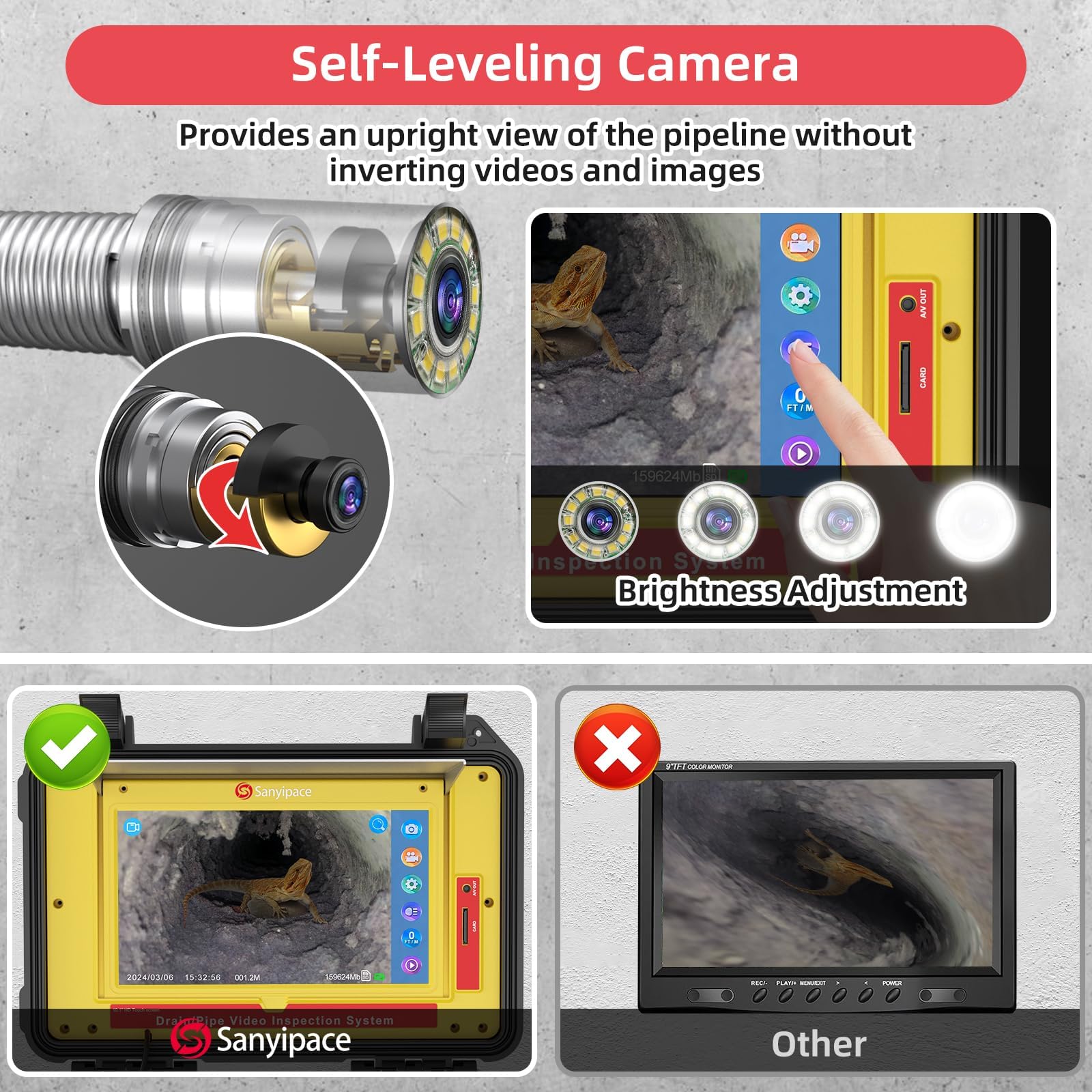 Telecamera di Ispezione 50M, Sanyipace 23MM Telecamera Fognatura con Localizzatore 512hz, Trasmettitore a 512Hz, Autolivellante, Contatore di Distanza Schermo Touch Screen da 10,1 Pollici, 4500mAh