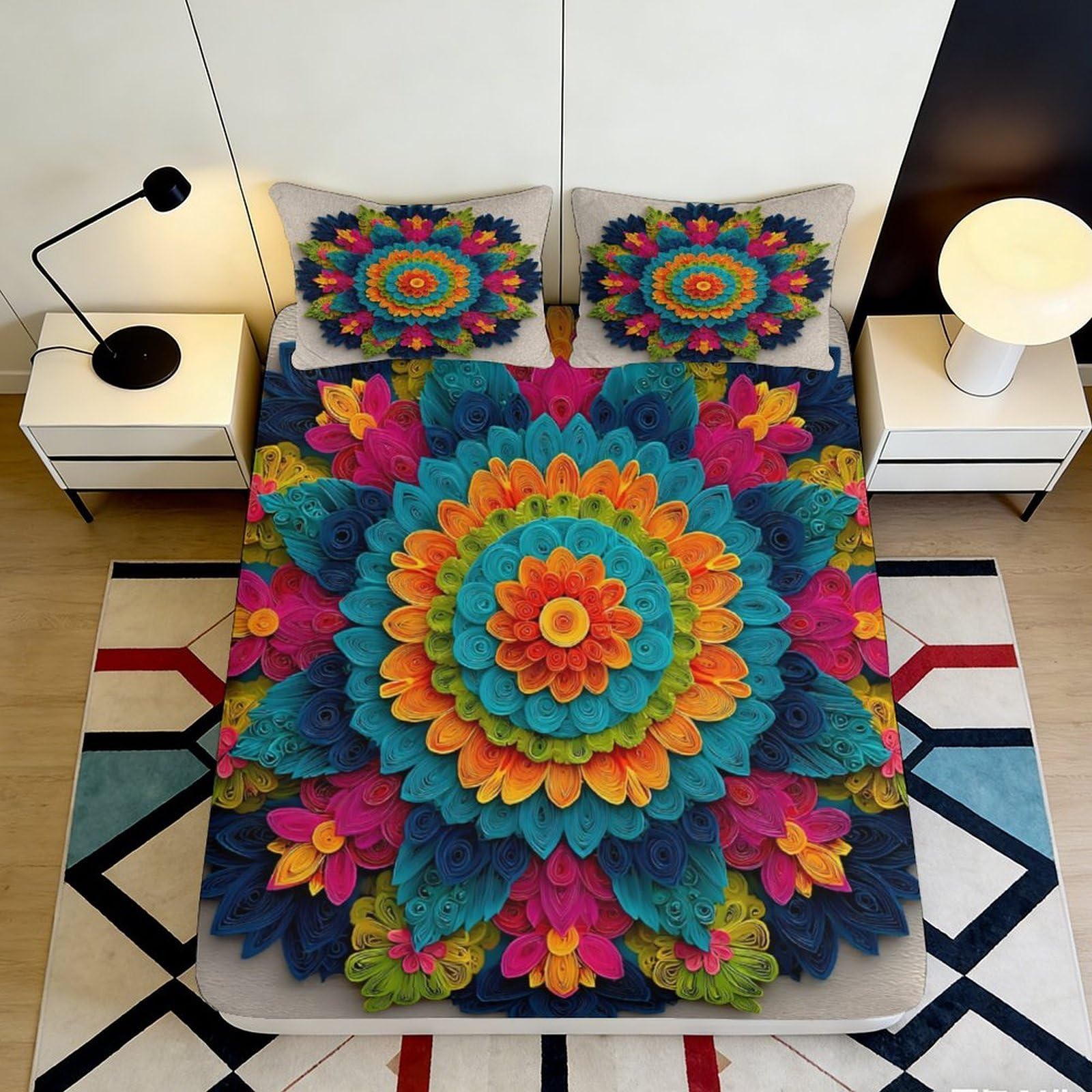 3D Printed Mandala Flower Fitted Sheet Microfiber Vibrant Boho Art Kaleidoscope Mattress Cover Bedroom Decor 90x200x25cm