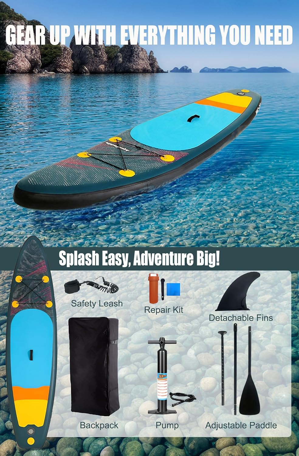 Inflatable Stand Up Paddle Board Set, Wide Design, 400 lbs Weight Limit, with Paddle, Pump, Backpack, Fins
