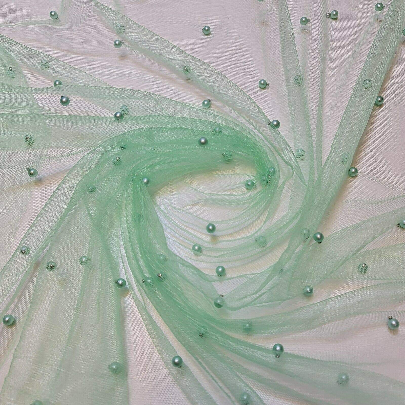Textile Station 58" Wide Tulle Beaded Pearl Lace Net Fabric Bridal Veil Wedding Backdrop Décor Available in 25 Colours (Mint Green, 5 Meter) — image 1
