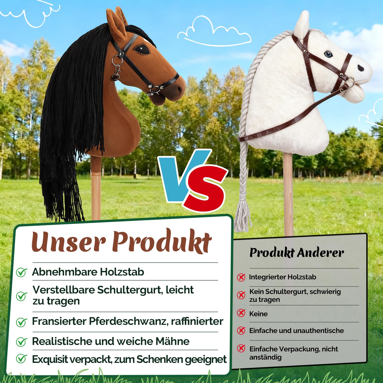 Charmofun Hobby Horse, A3 Kopfgröße Steckenpferd Kinder, Hobby Horsing mit Weichem Plüschhalfter, Fließendem Schweif & Verstellbarem Schultergurt, Perfekt für Garten, Geburtstag Grau (Braun)