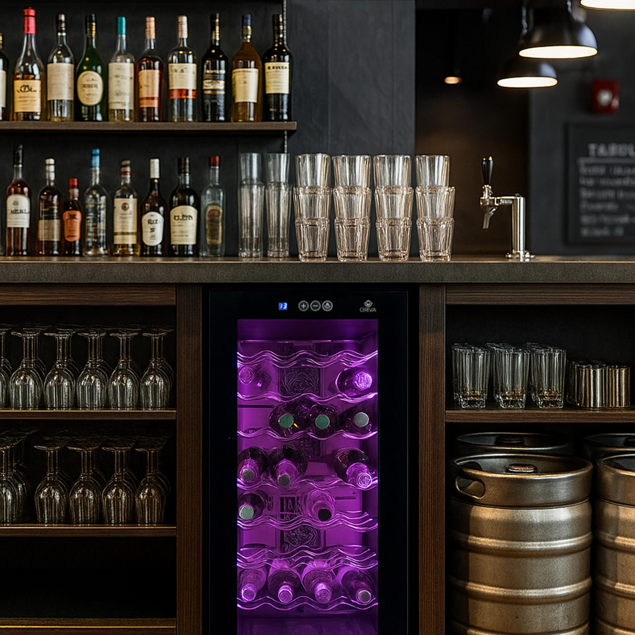 Vinoteca Oriva 78L | Capacidad 28 botellas | LED multicolor sincronizable con música | Control digital |Refrigeración termoeléctrica 8–18 °C | Mando a distancia | Diseño moderno silencioso y compacto