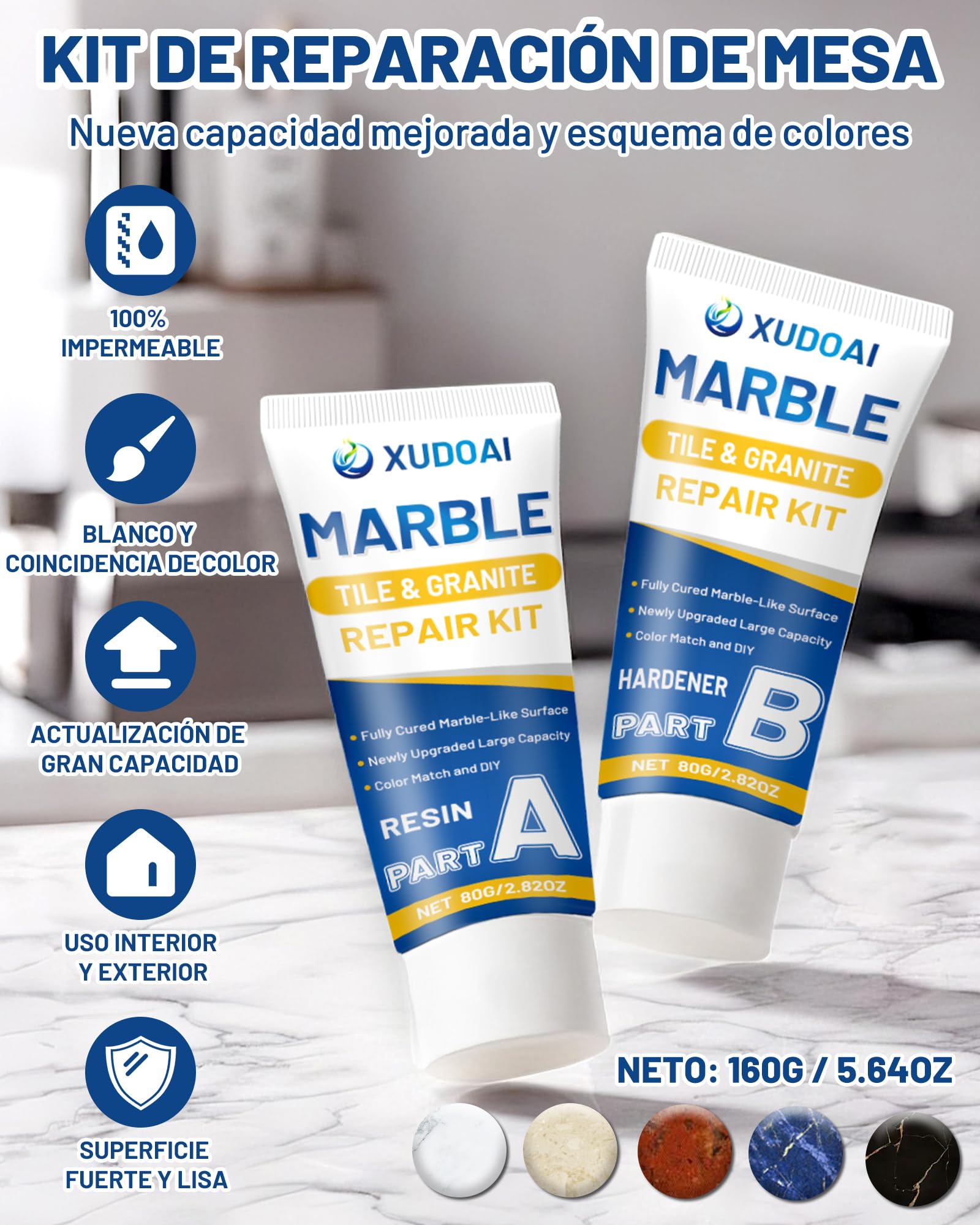 Kit Reparación Mármol y Granito (Coincidencia de Color), 160g Kit Reparación Azulejos Para Astillas Agujeros Abolladuras Defectos Grietas, Fijar Cuarzo Fregadero Piedra Otras Superficies Duras