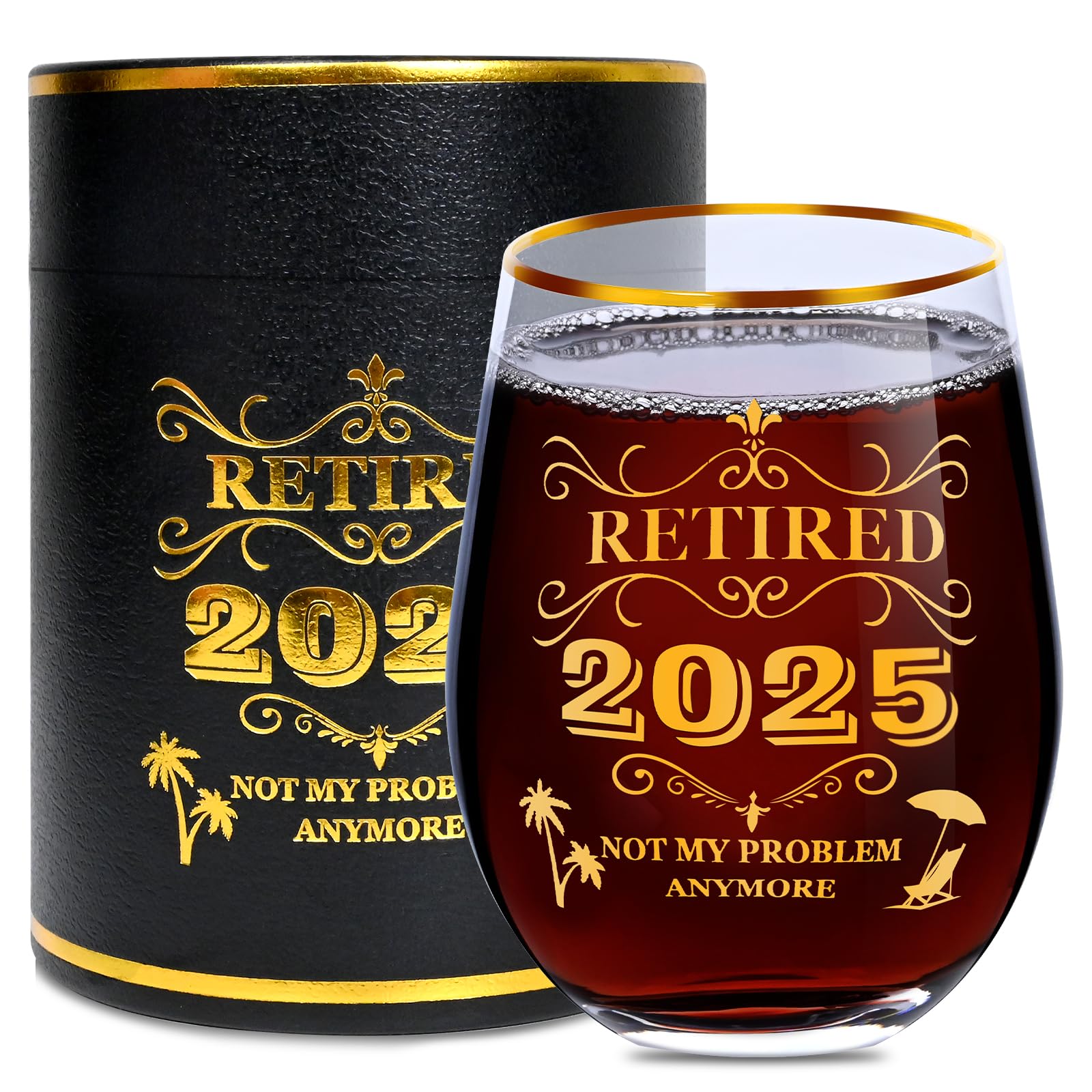 Retirement Gifts for Men & Women, Personalized 2025 Retirement Stemless Wine Glass with Vintage Gift Box, Funny Retired Gifts for Mom, Dad, Coworker, Teacher, Friend - 18Oz