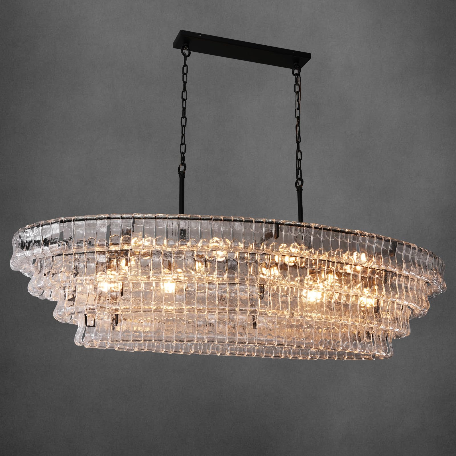 65 Inch Large Rectangular Black Chandelier for Dining Room Clear Glass Drum Modern Pendant Light Fixture Extra Long