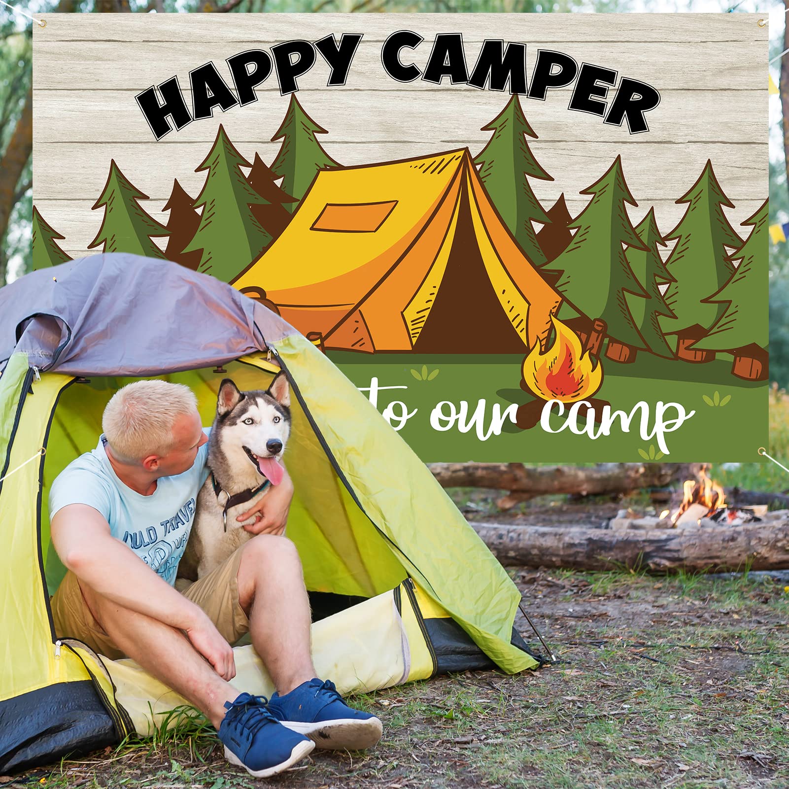 Avezano Happy Camper Banner – 71x43 Inch Camping Party Backdrop For Kids Birthday, Baby Shower, Photo Booth