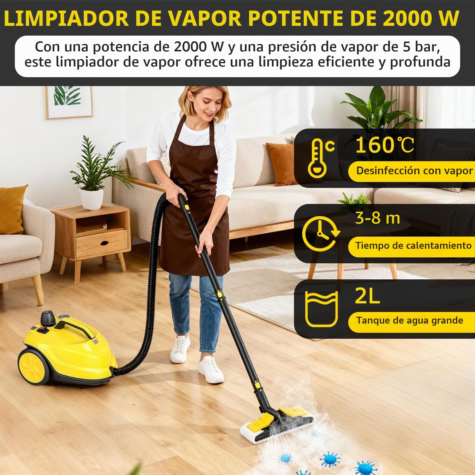 Limpiador a Vapor, Vaporeta Limpieza Hogar Potente de Mano 2000W | Portátil Máquina de Limpieza a Vapor Presurizada de Alta Temperatu con 15 Accesorios, 5 Bar, Tanque de Agua de 2L