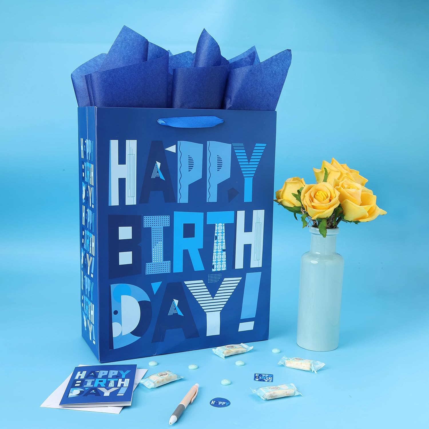 wishinside 16.5” Extra Large Blue Gift Bags Set with Greeting Card and Tissue Papers (Blue Happy Birthday) for Men's Birthday Party, Father, Grandpa, Kids' Parties, Baby Boy - 16.5”x5.5”x12.6”, 1 Pcs