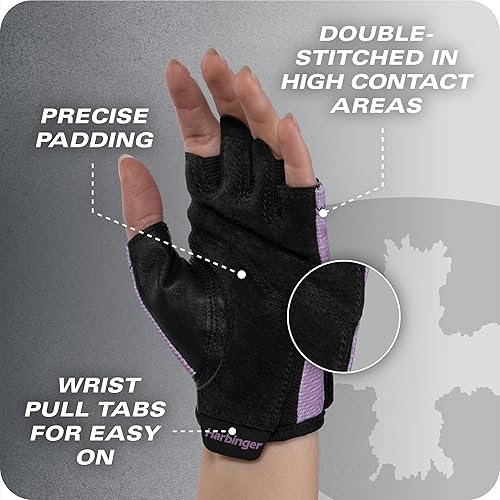 Miniatura 8 de Harbinger Power Gloves 3.0 - Guantes de levantamiento de pesas duraderos de medio dedo con cierre de muñeca ajustable, palma de cuero transpirable,