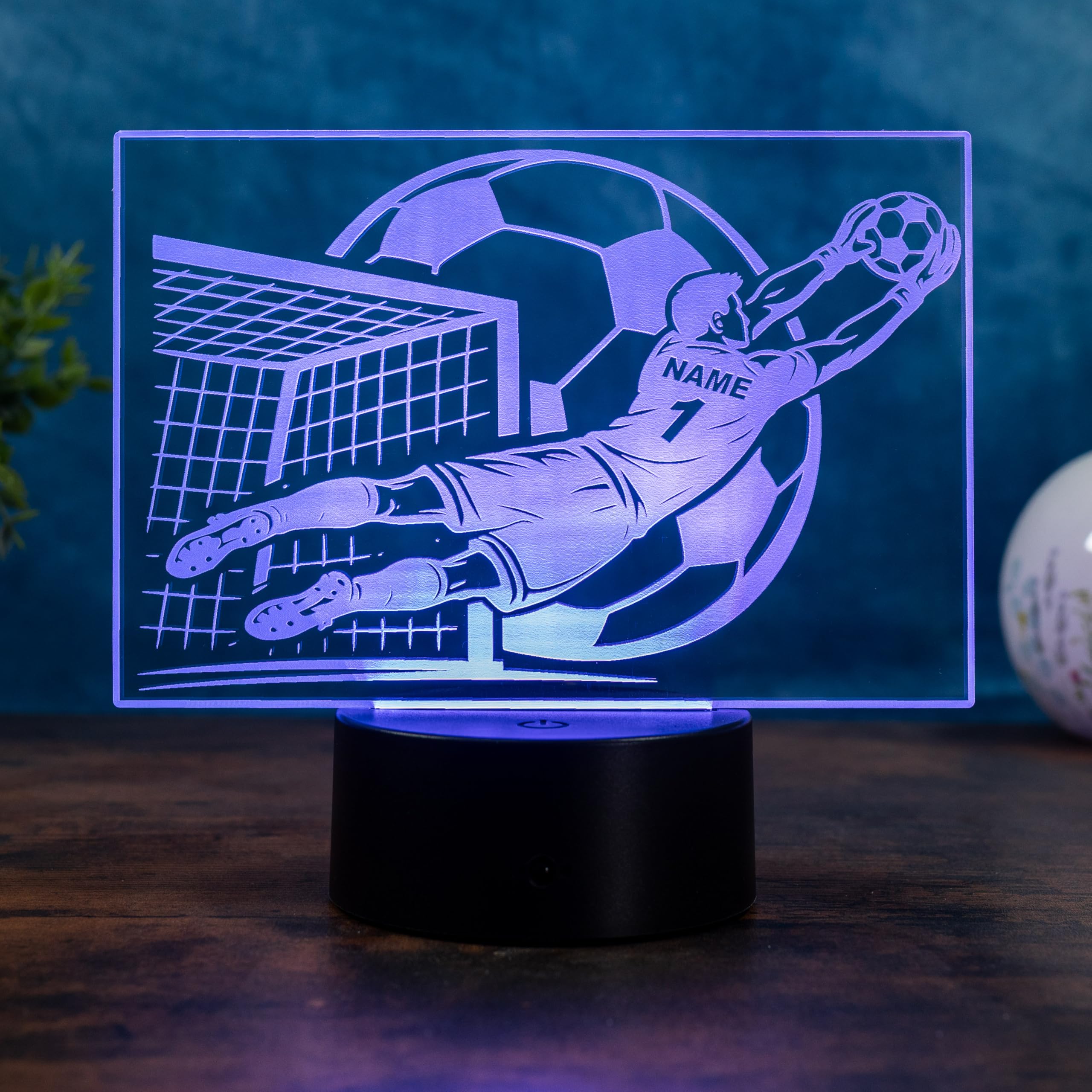 Personalisierte Fußball Torwart Lampe – Geschenkidee für Fußballer mit Name & Nummer, LED Nachtlicht dimmbar mit Farbwechsel, Fernbedienung, USB oder Batterie