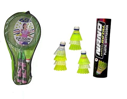 Bobby Sports Badminton Racket Krish for Kids Set of 2 Piece (1 Pair) & 10 Piece (1 Box) Plastic Cock Nano for Gifting Someone. Color May Vary.