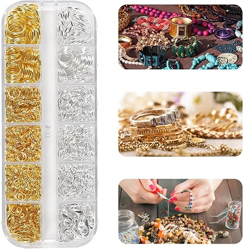 Miniatura 5 de Kit de anillos de salto para hacer joyas, 1200 piezas de anillos de salto abiertos, kit de reparación de joyas para collares, pulseras, cierres de