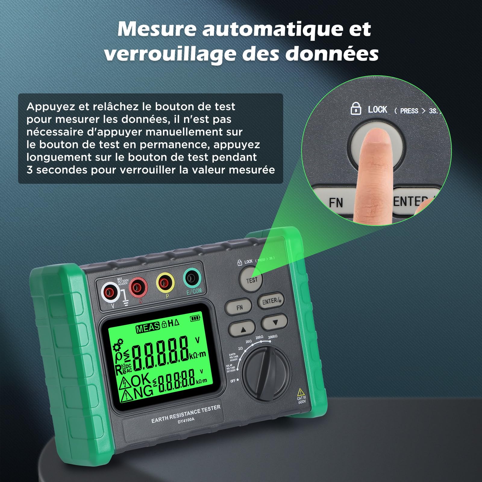 DY4100A Testeur de Résistance à la Terre Numérique, Mesure de Résistance de Mise à la Terre de 2/20/200/2000 Ω, Mesure de Tension CA de 600V Mégohmmètre à Mesure Automatique Amélioré
