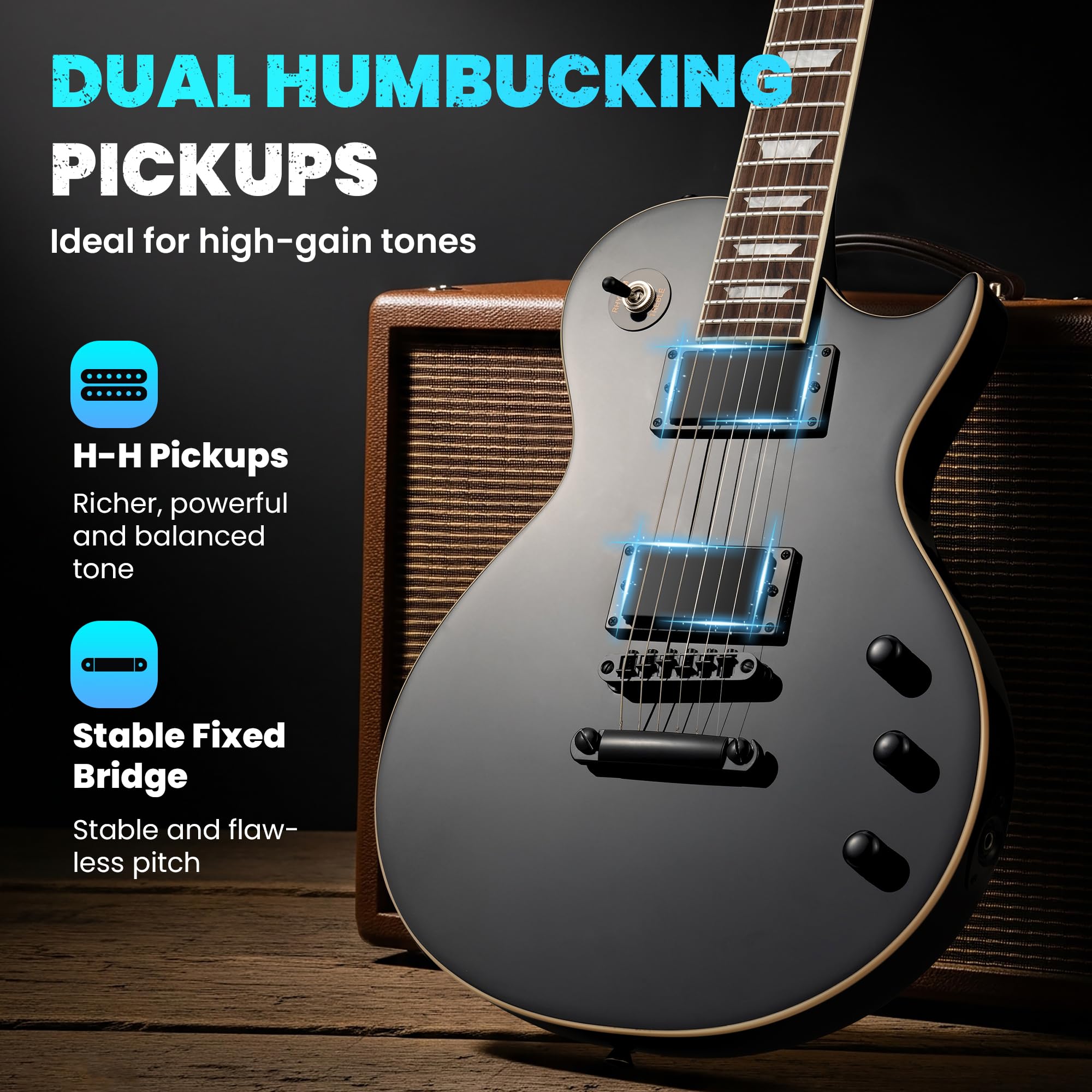CAHAYA LP Kit Chitarra Elettrica: Chitarra 39" Full Size per Principianti con Corpo in Okoume Massiccio, 2 Pickup Humbucker, Manico in Acero, Borsa, Tracolla, Cavo per Adulti e Ragazzi - Nero